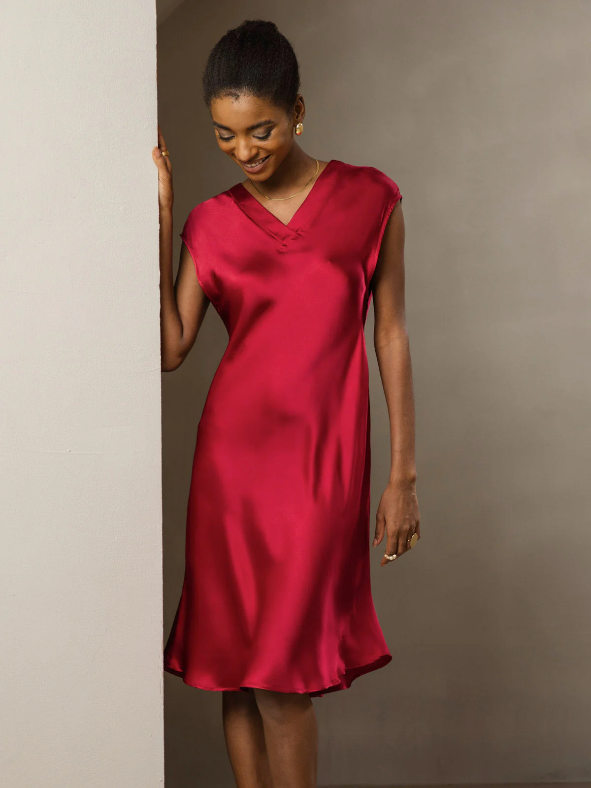Pure Silk Cap Sleeve V Neck Knee Dress - Image 37