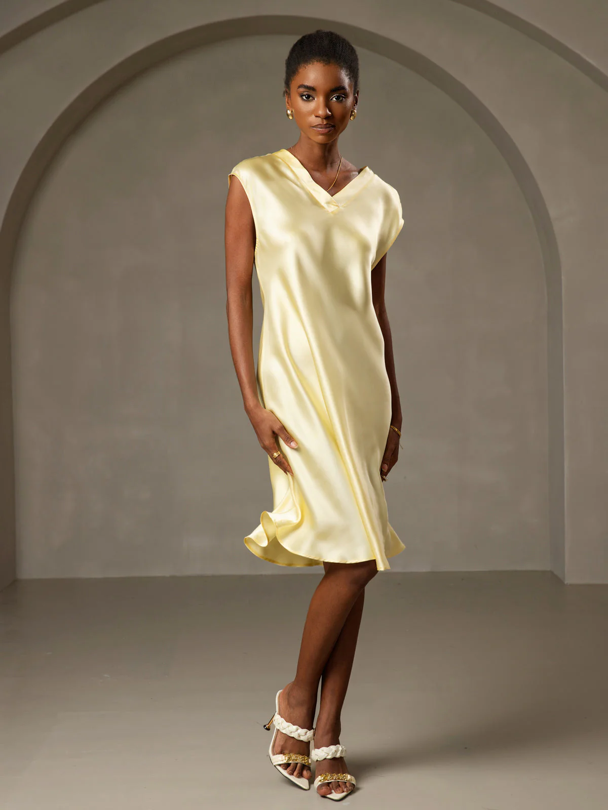 Pure Silk Cap Sleeve V Neck Knee Dress - Image 38