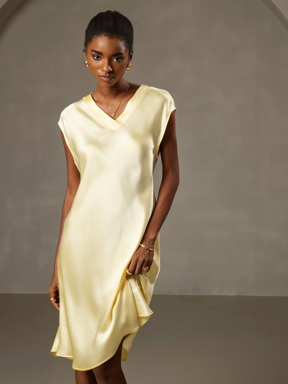 Pure Silk Cap Sleeve V Neck Knee Dress - Image 40