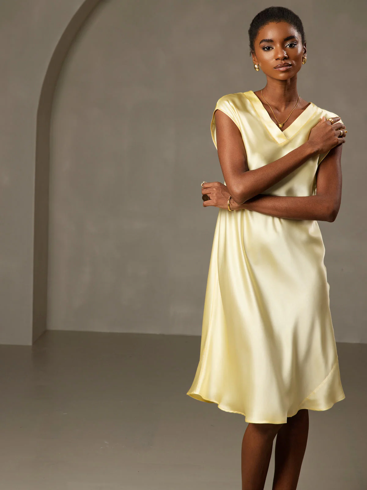 Pure Silk Cap Sleeve V Neck Knee Dress - Image 41