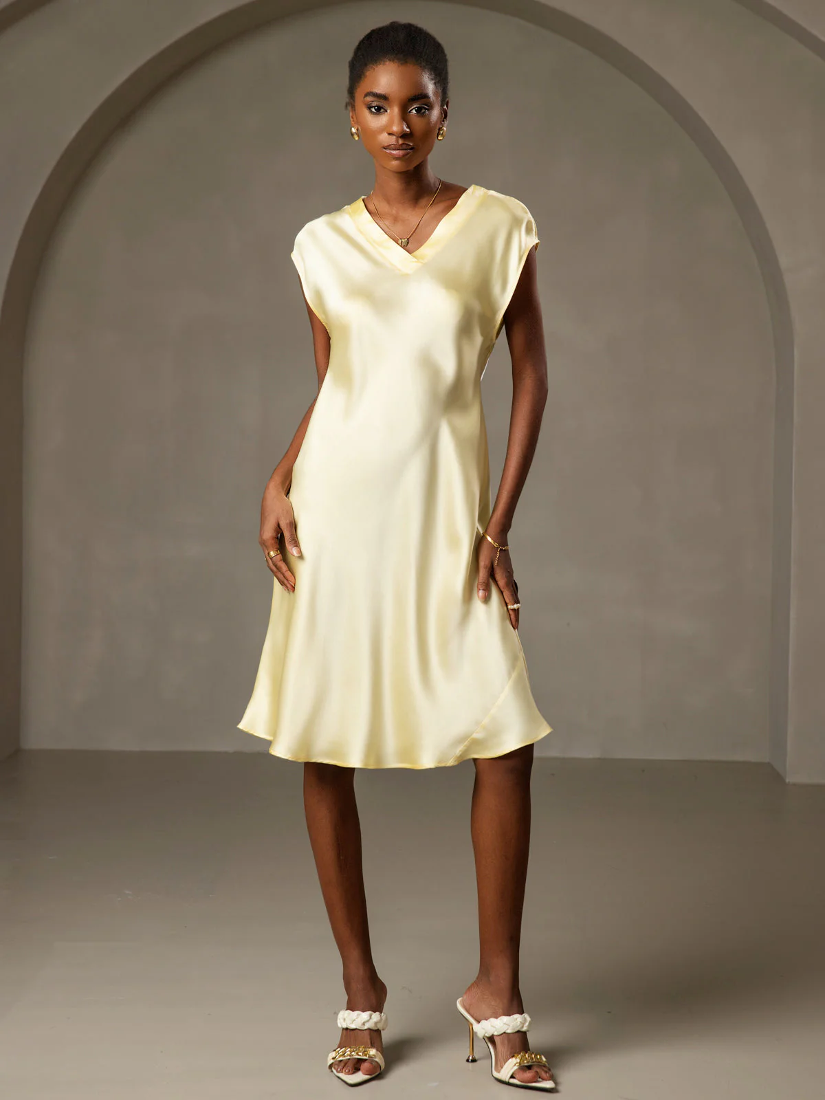 Pure Silk Cap Sleeve V Neck Knee Dress - Image 43