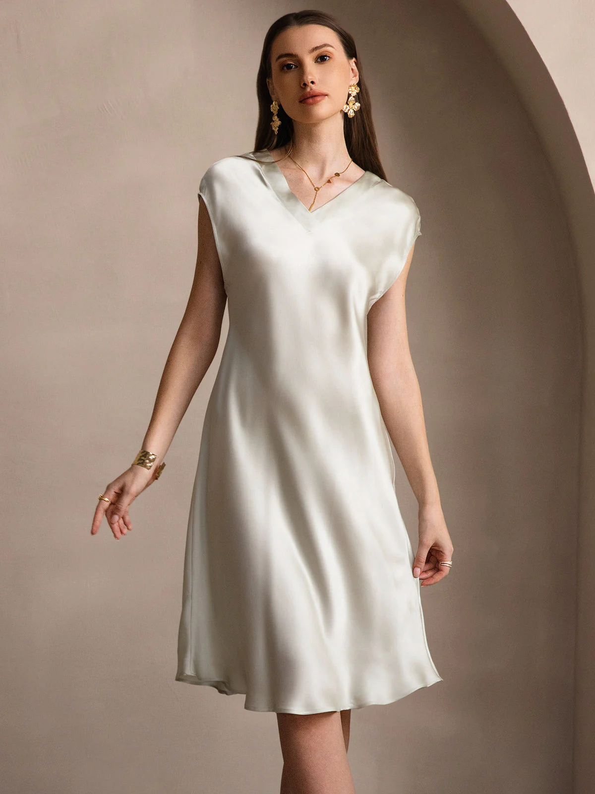 Pure Silk Cap Sleeve V Neck Knee Dress - Image 47