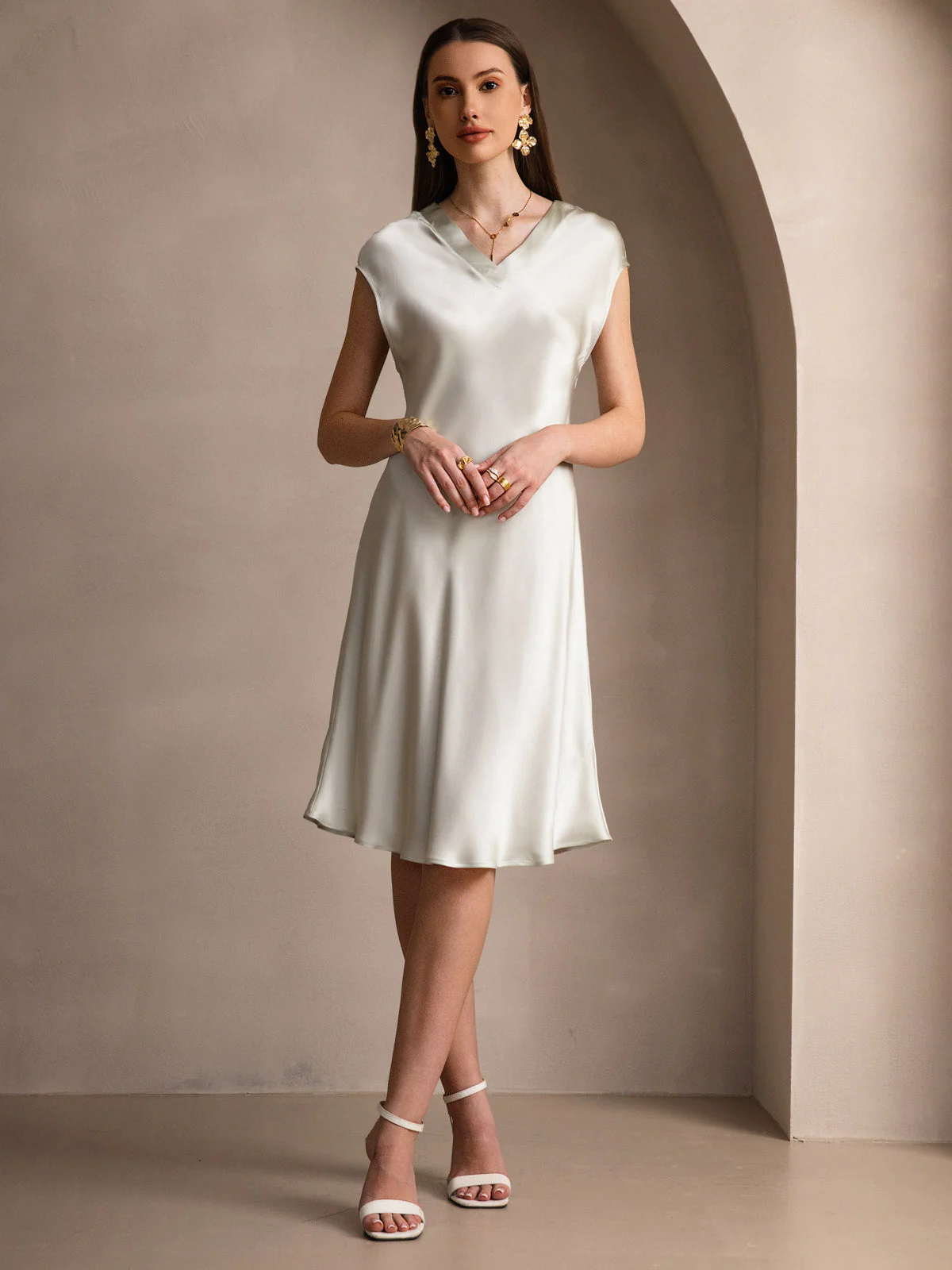 Pure Silk Cap Sleeve V Neck Knee Dress - Image 48