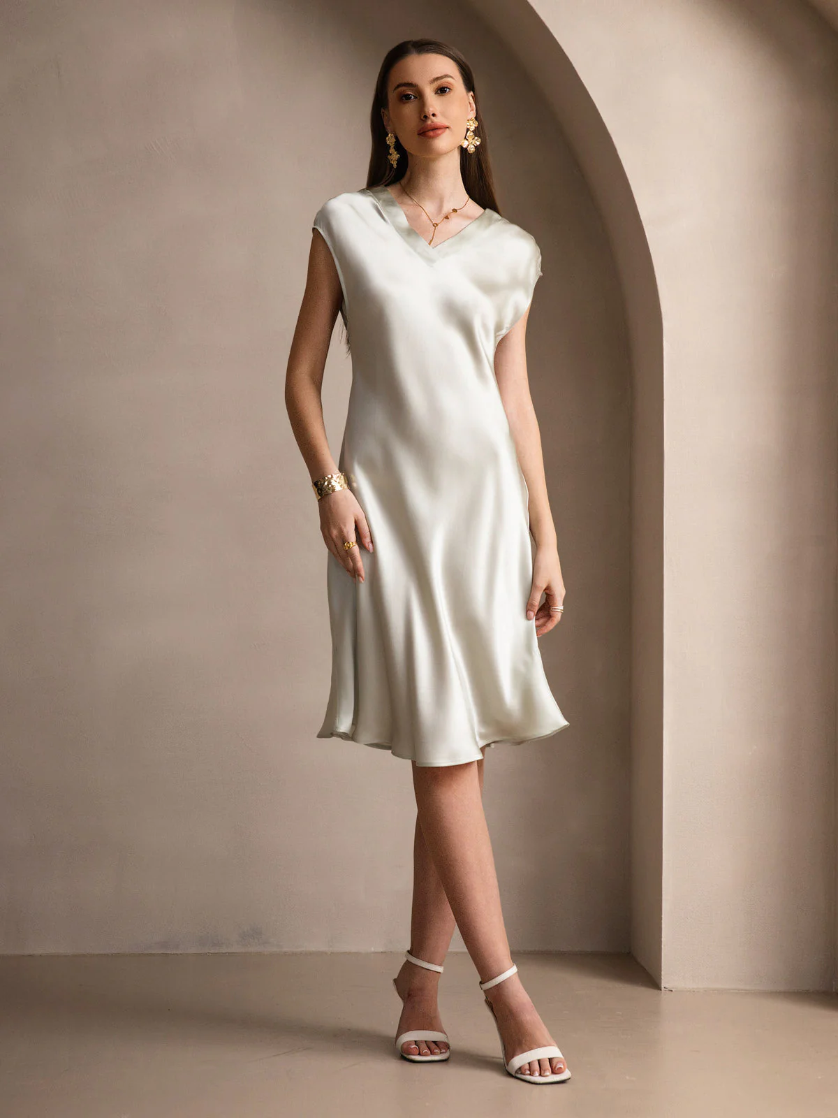 Pure Silk Cap Sleeve V Neck Knee Dress - Image 49