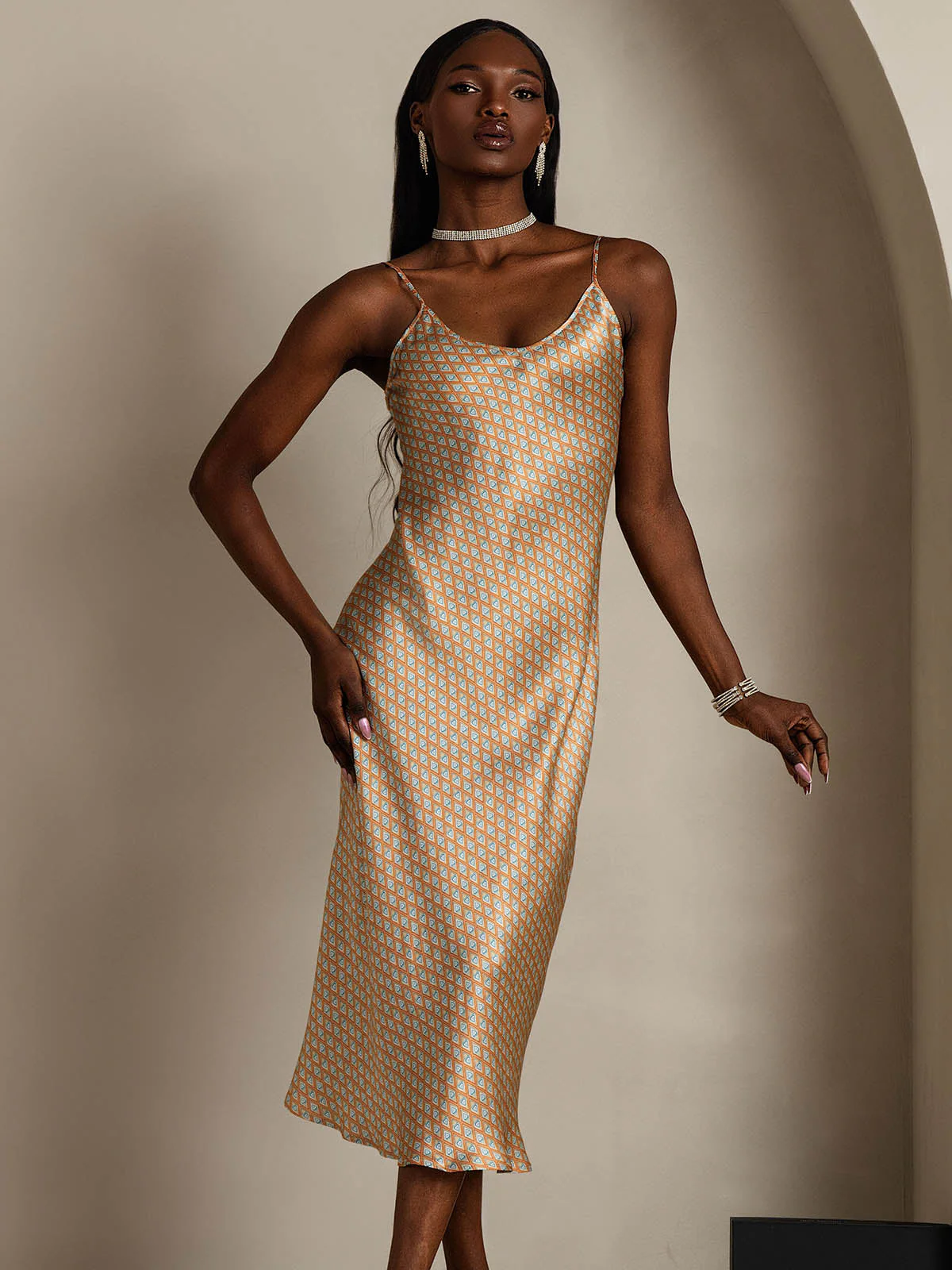 Pure Silk Geometric Print Spaghetti Strap V Neck Midi Dress