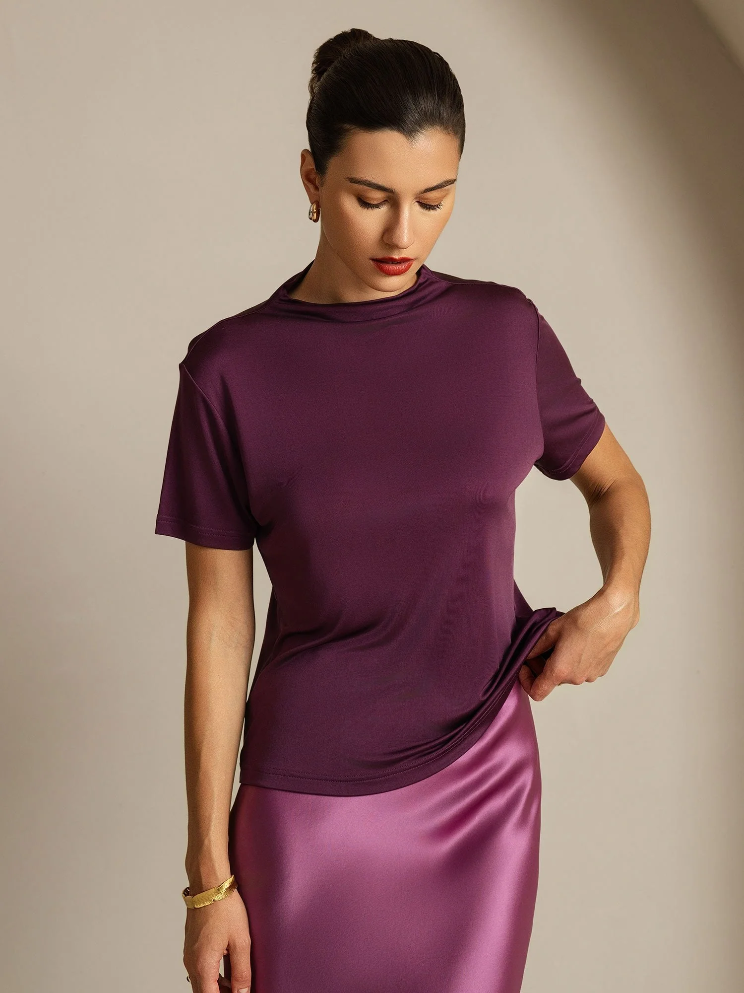 Pure Silk Short Sleeve Mock Women's T-Shirt - Image 6