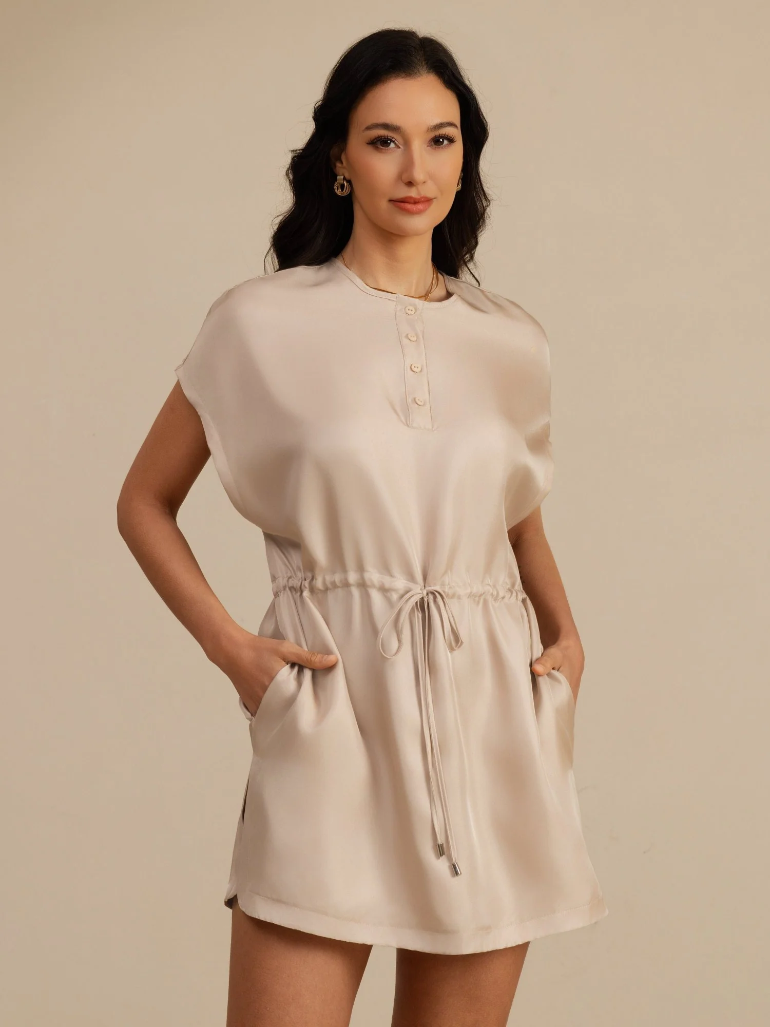 Pure Silk Henley Neck Cap Sleeve Short Dress With Drawstring