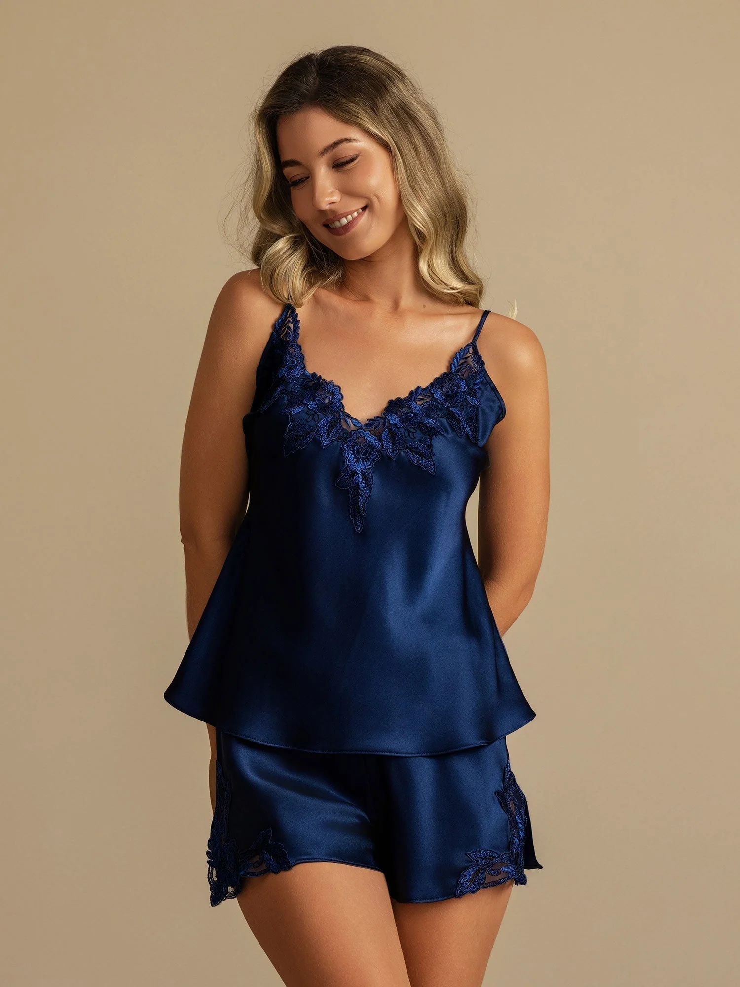Pure Silk Spaghetti Strap Deep V Neck Above the Knee Camisole Set with Lace Design - Image 35