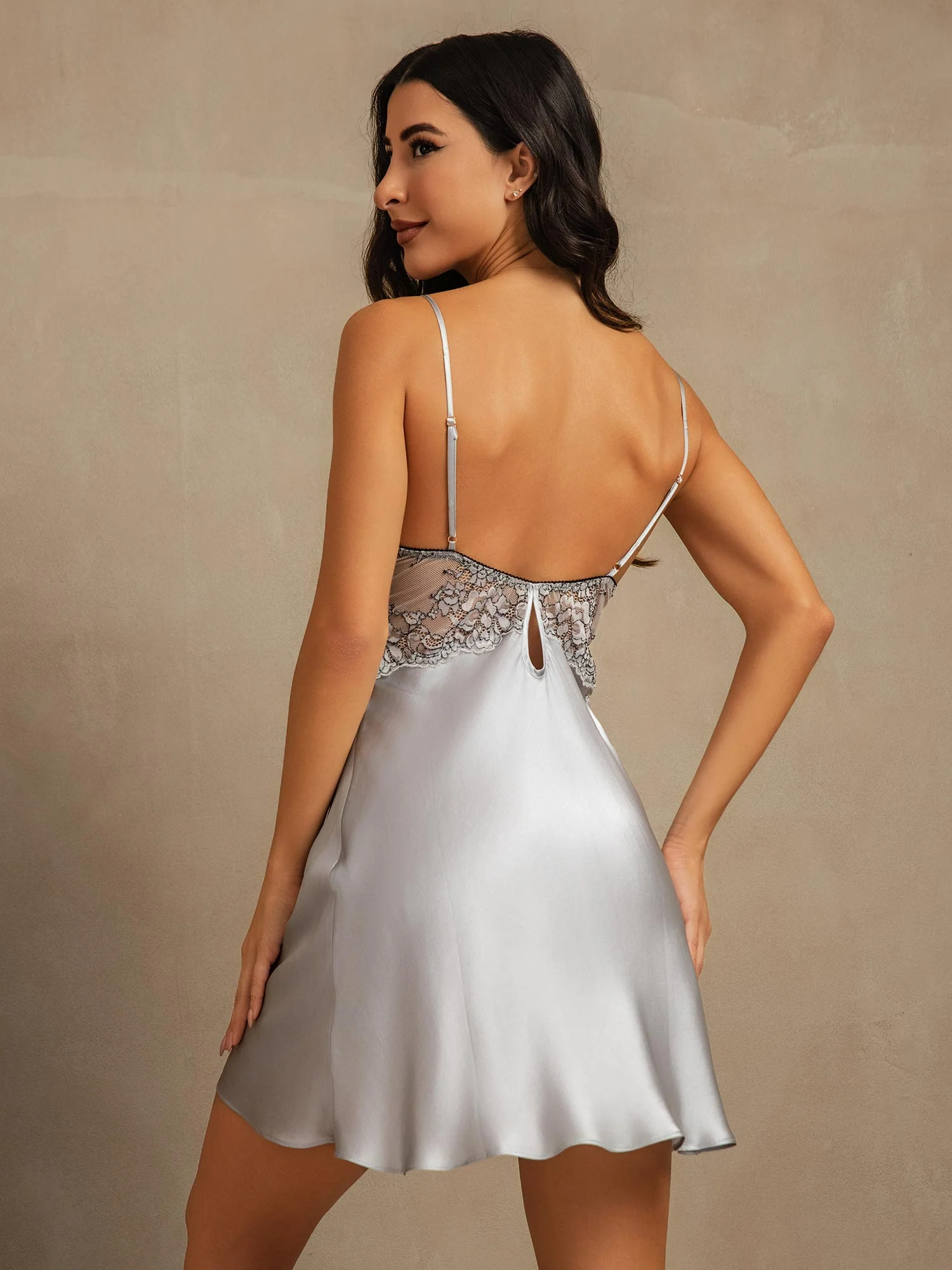 100% Mulberry Silk Lace Trim Nightgown V Neck Sexy Chemise - Image 17