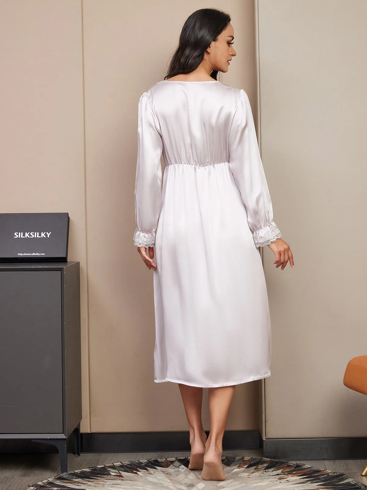 Pure Silk Long Sleeve V-neck Midi Nightdress with Lace Design - Image 7