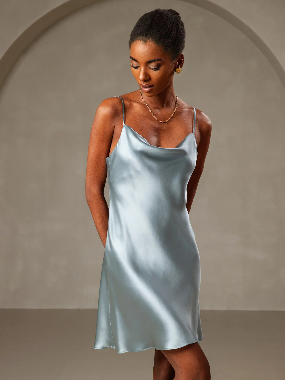 Pure Silk Spaghetti Strap Cowl Neck Short Dress - Image 30