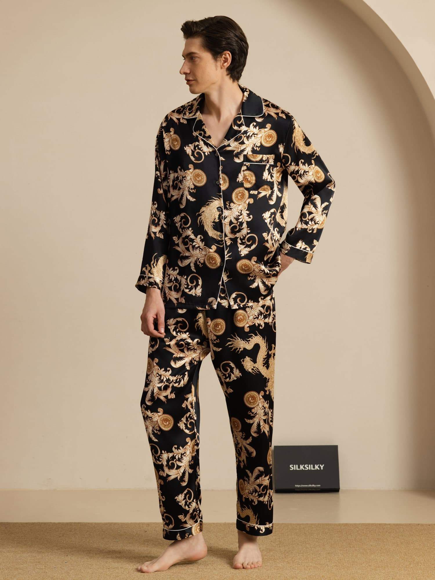 Pure Silk Men's Dragon Print Long Sleeve Notch Collar Pajamas Set - Image 14