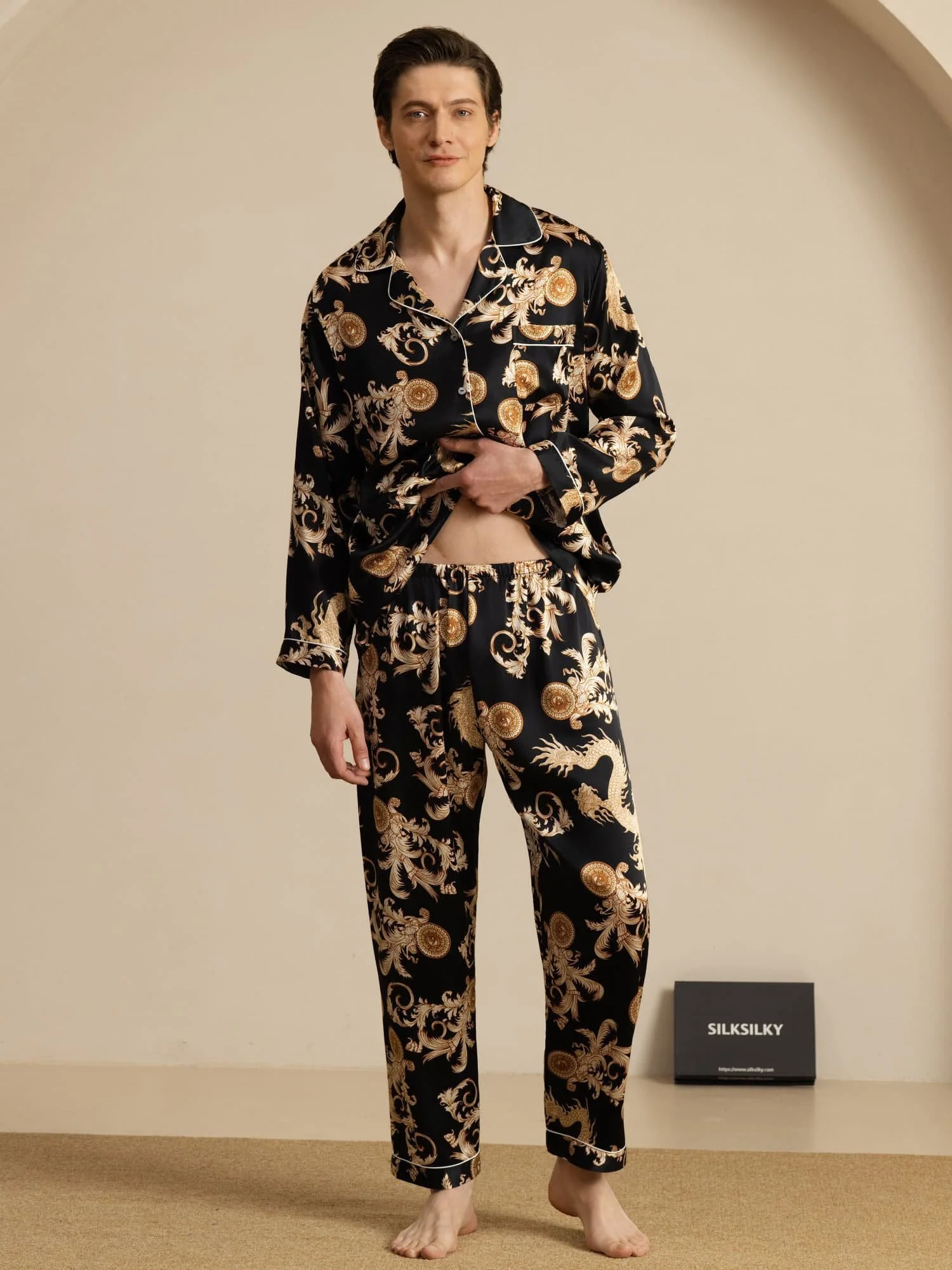 Pure Silk Men's Dragon Print Long Sleeve Notch Collar Pajamas Set - Image 15