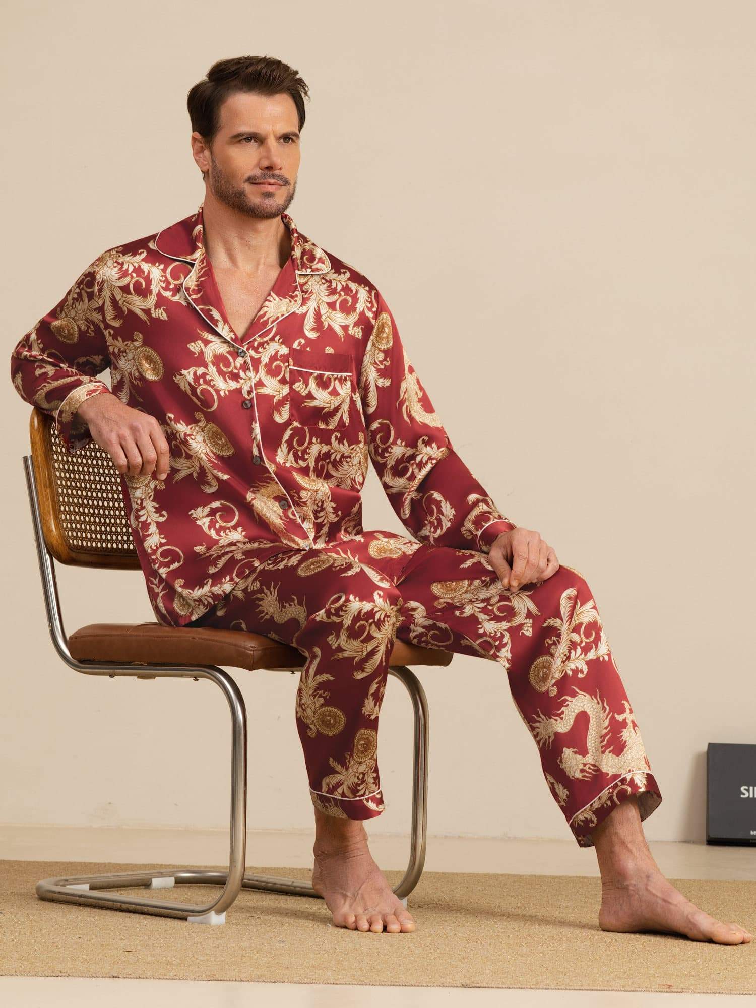Pure Silk Men's Dragon Print Long Sleeve Notch Collar Pajamas Set - Image 16