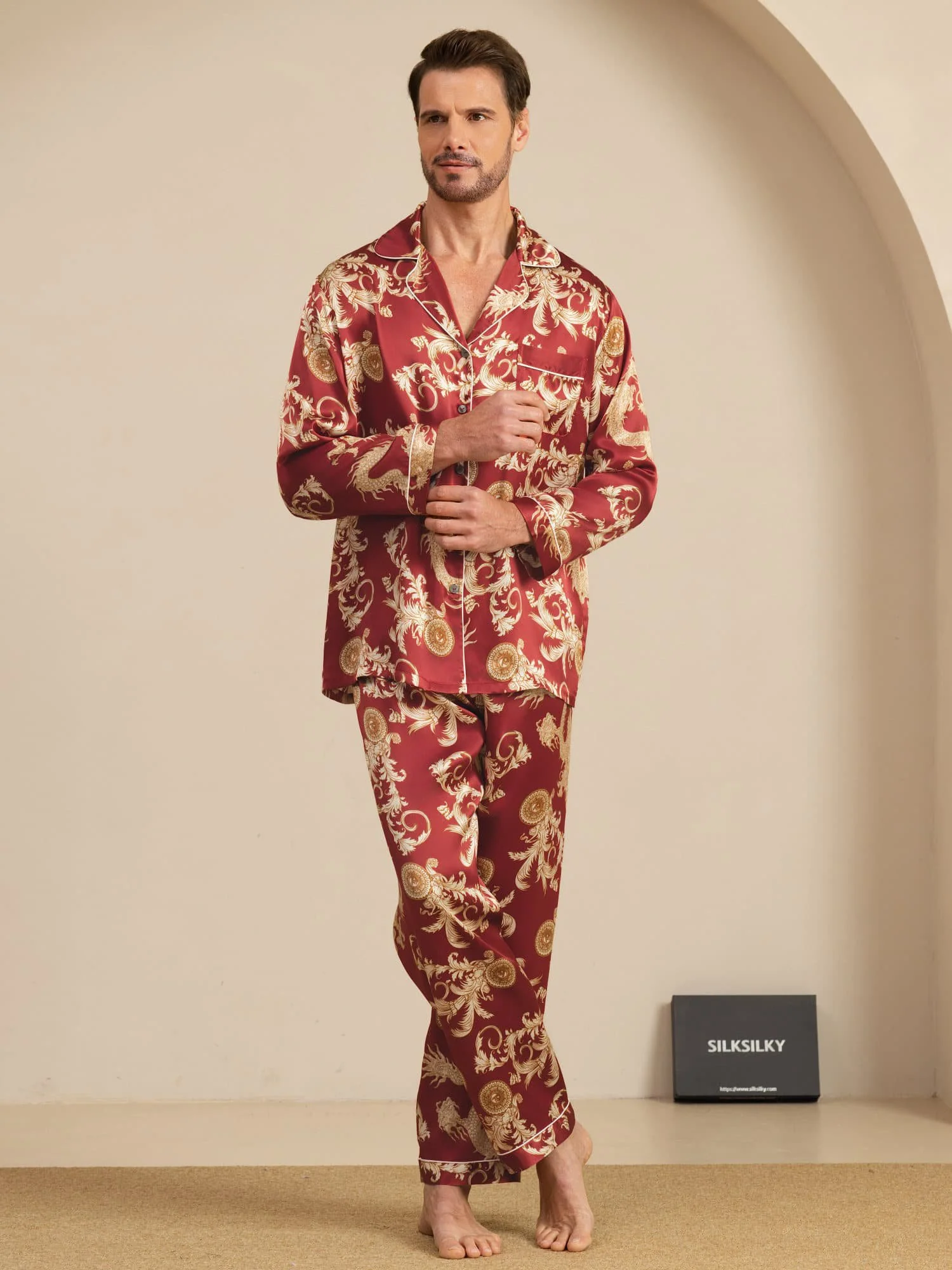 Pure Silk Men's Dragon Print Long Sleeve Notch Collar Pajamas Set - Image 18