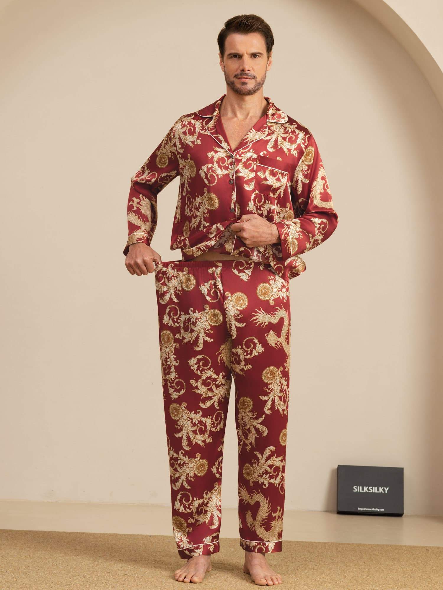 Pure Silk Men's Dragon Print Long Sleeve Notch Collar Pajamas Set - Image 19
