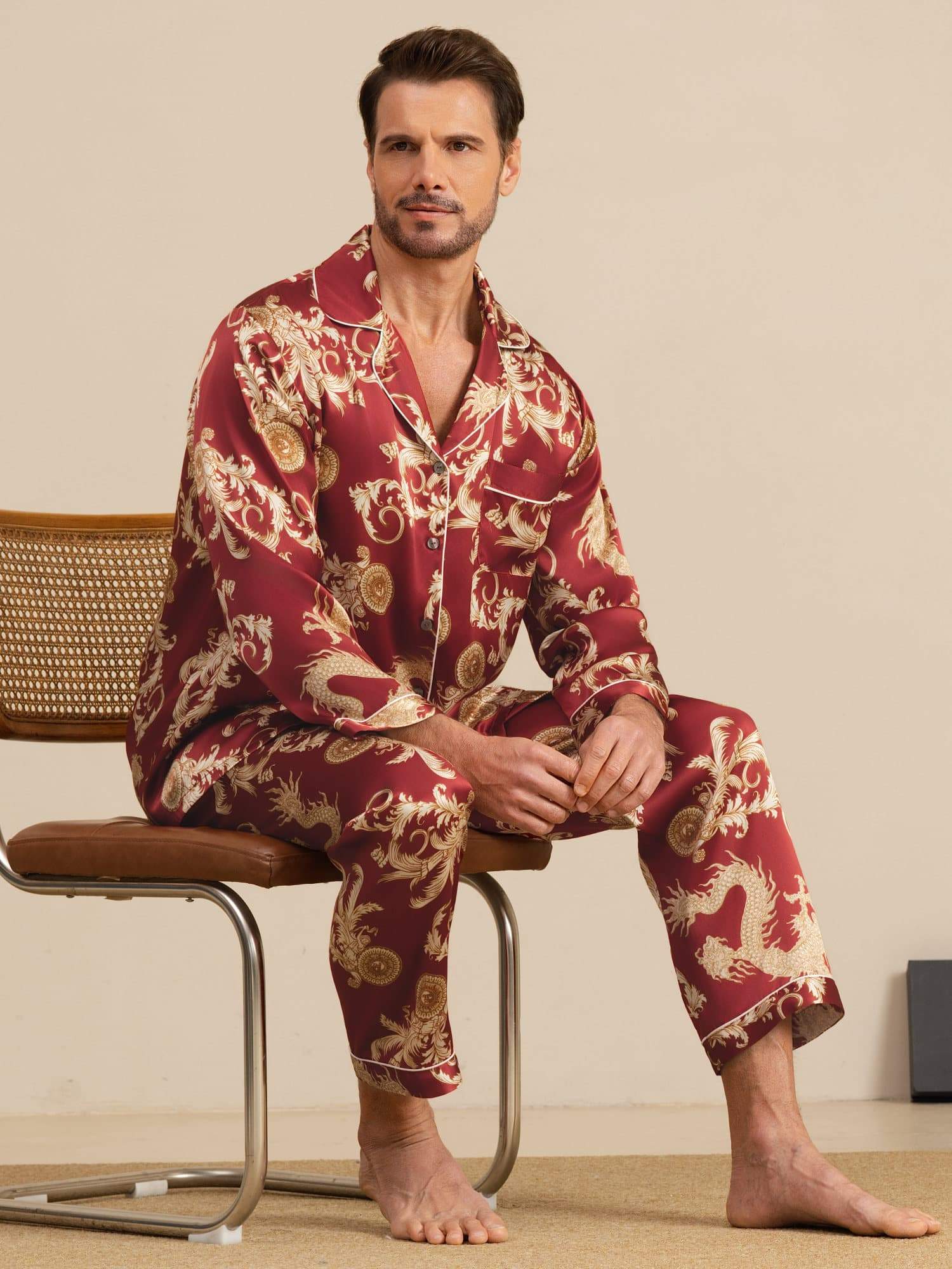 Pure Silk Men's Dragon Print Long Sleeve Notch Collar Pajamas Set - Image 20