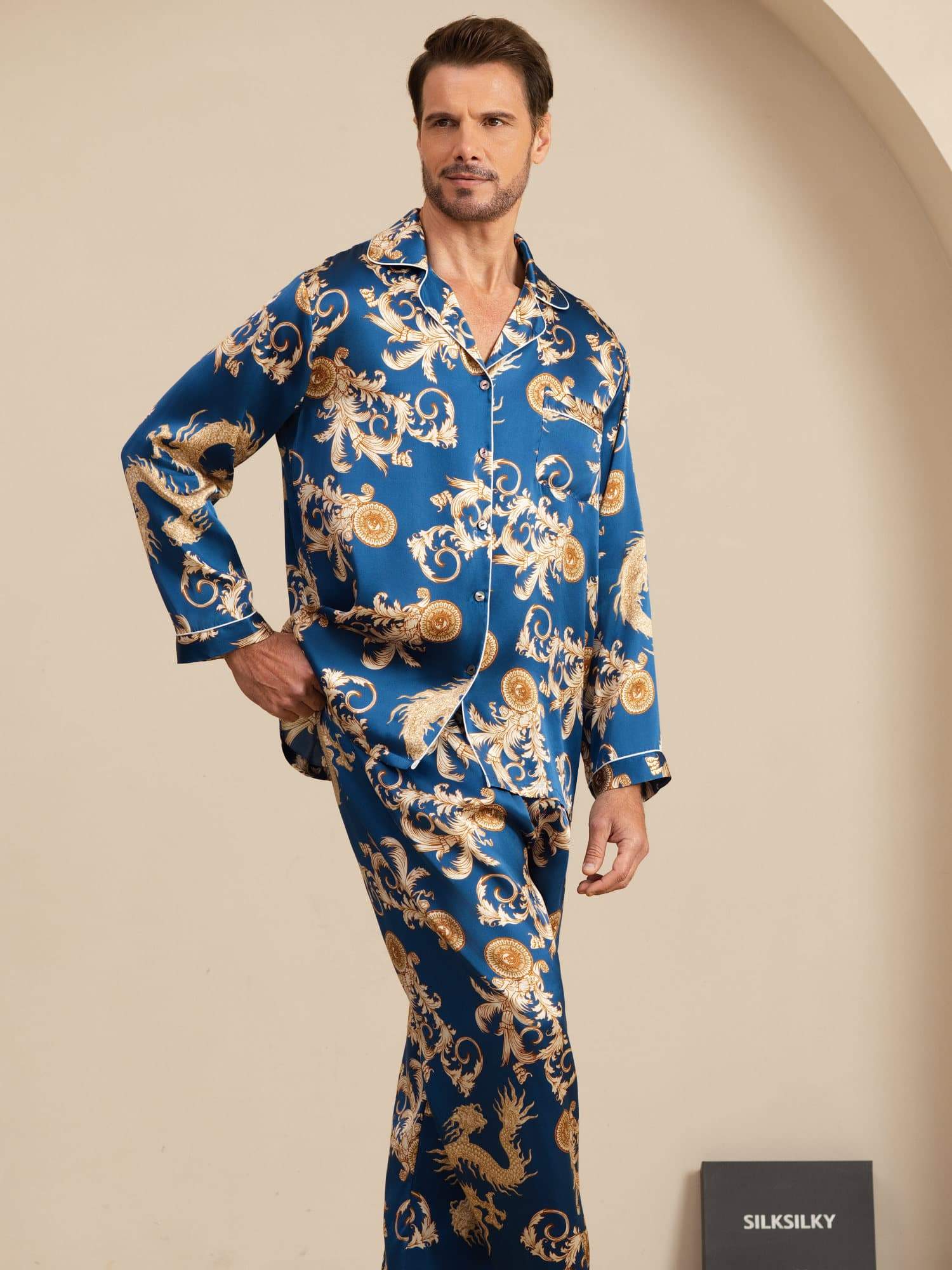 Pure Silk Men's Dragon Print Long Sleeve Notch Collar Pajamas Set - Image 3