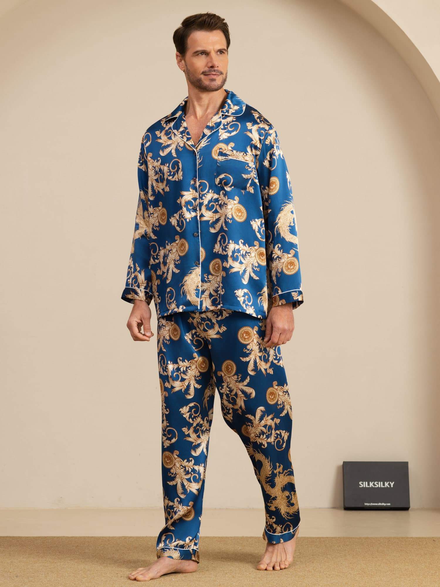 Pure Silk Men's Dragon Print Long Sleeve Notch Collar Pajamas Set - Image 4