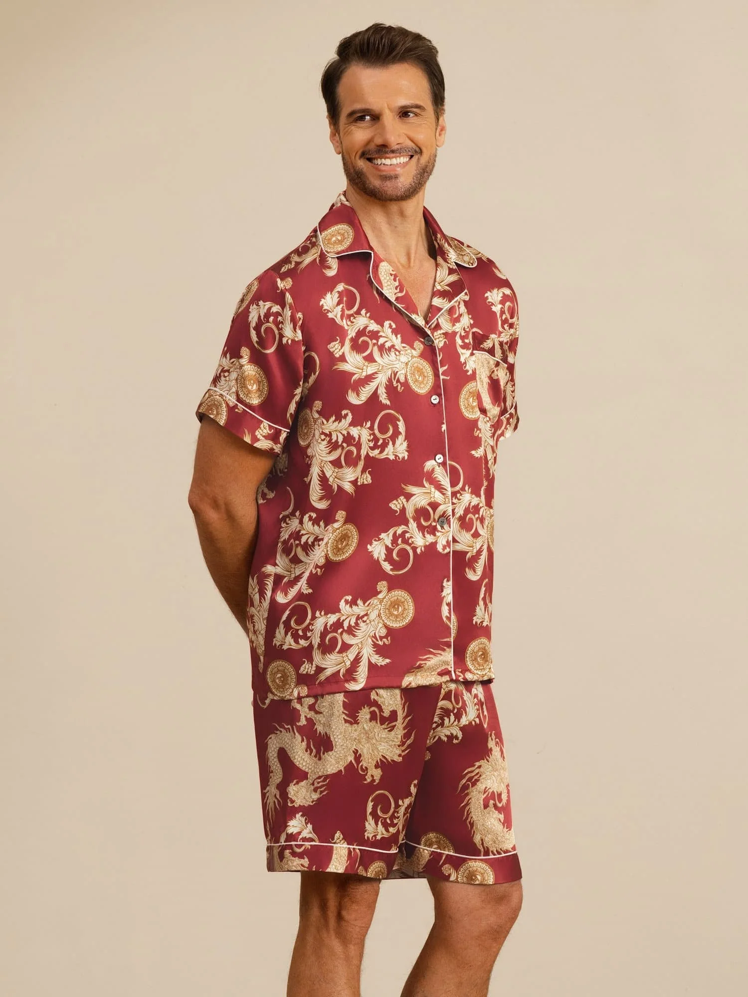 Pure Silk Men's Dragon Print Short Sleeve Notch Collar Pajamas Set - Image 10