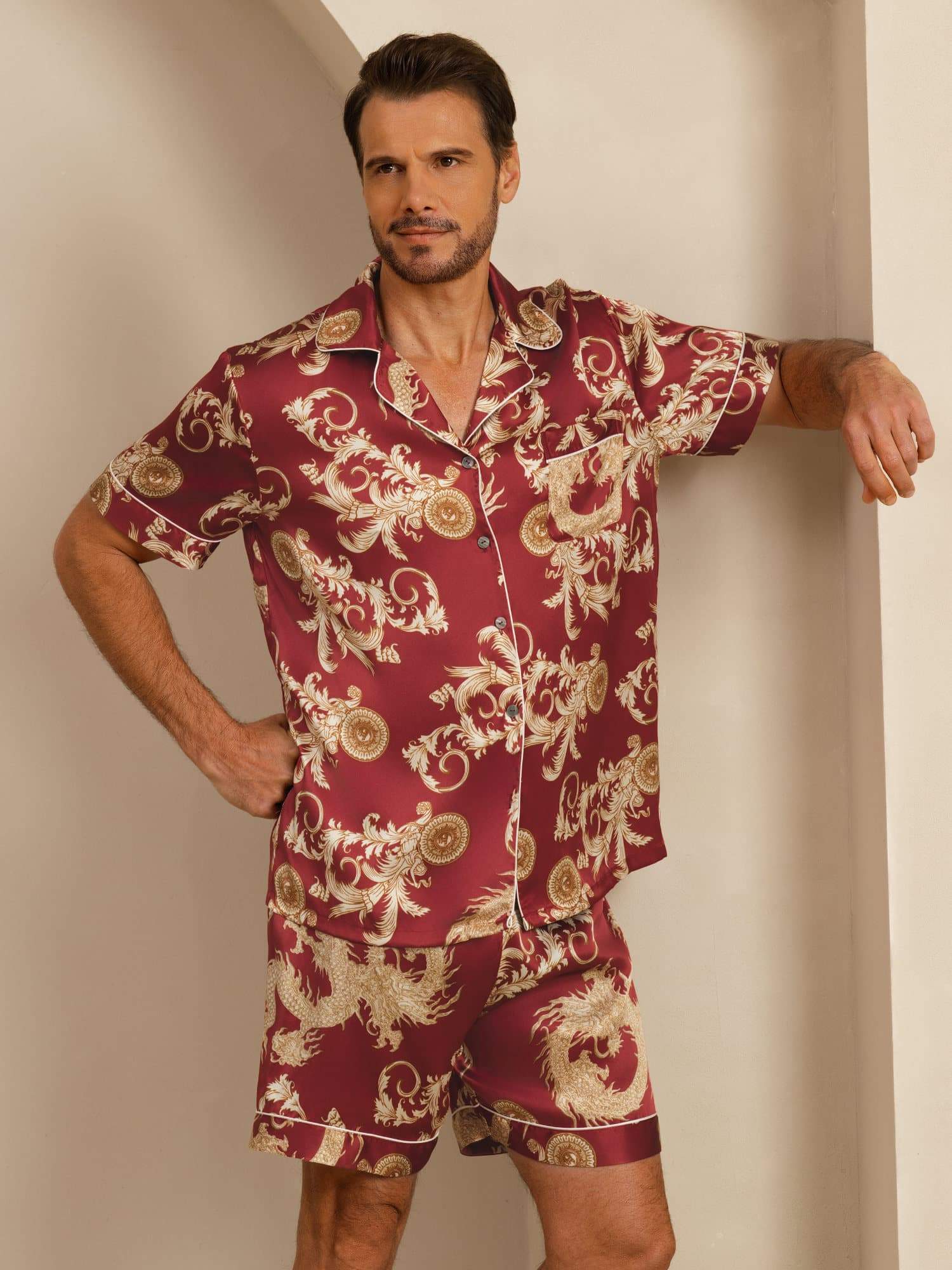 Pure Silk Men's Dragon Print Short Sleeve Notch Collar Pajamas Set - Image 11