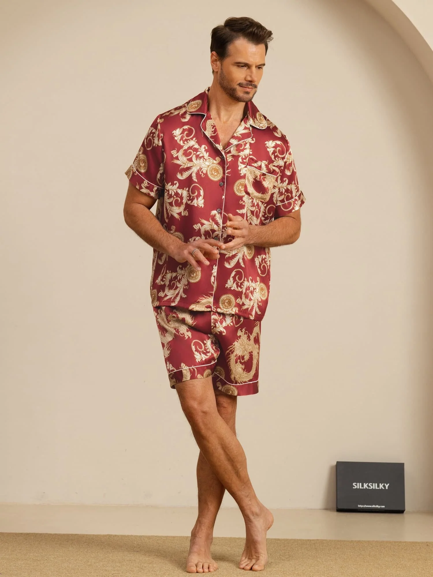 Pure Silk Men's Dragon Print Short Sleeve Notch Collar Pajamas Set - Image 14