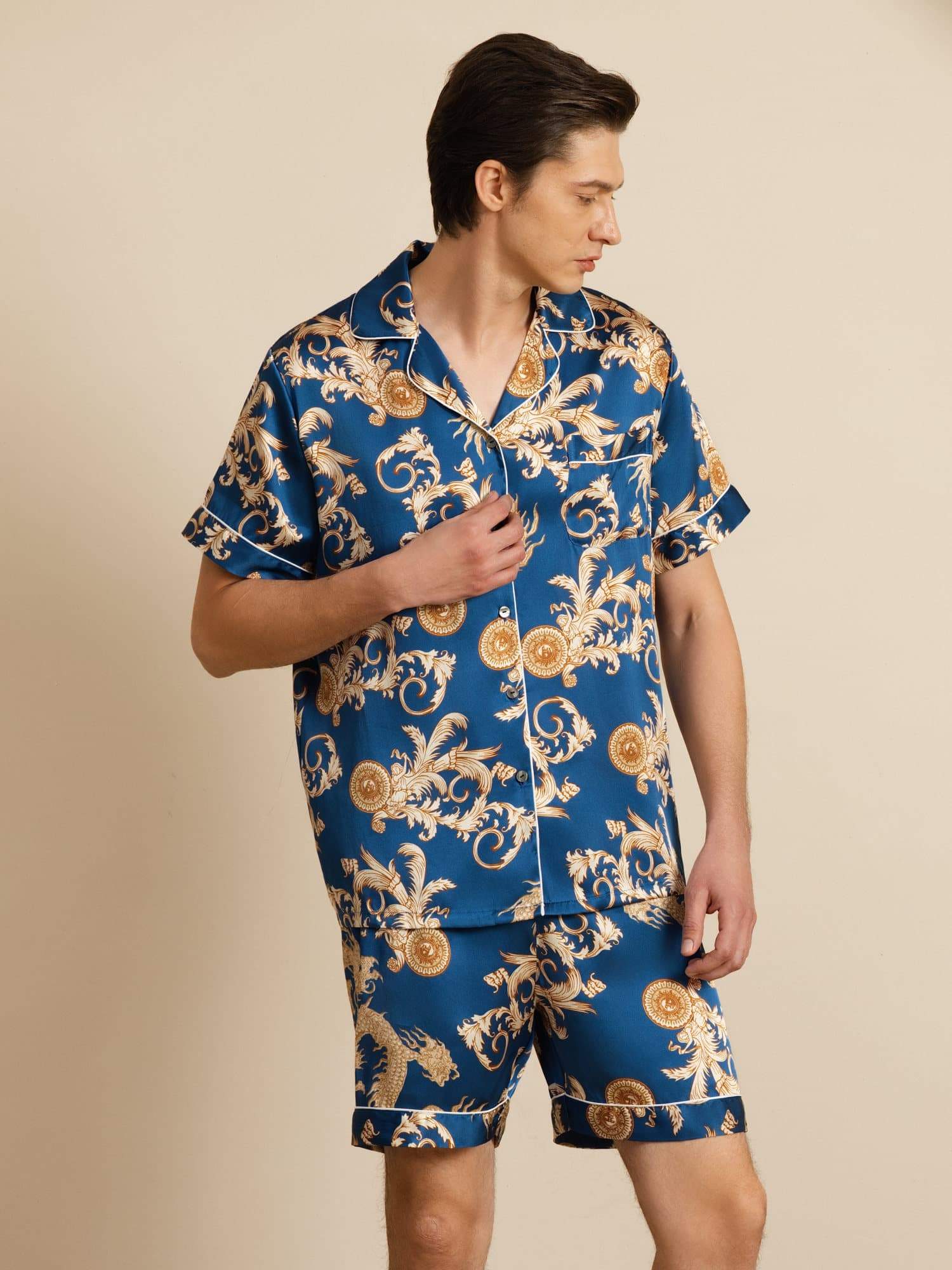 Pure Silk Men's Dragon Print Short Sleeve Notch Collar Pajamas Set - Image 15