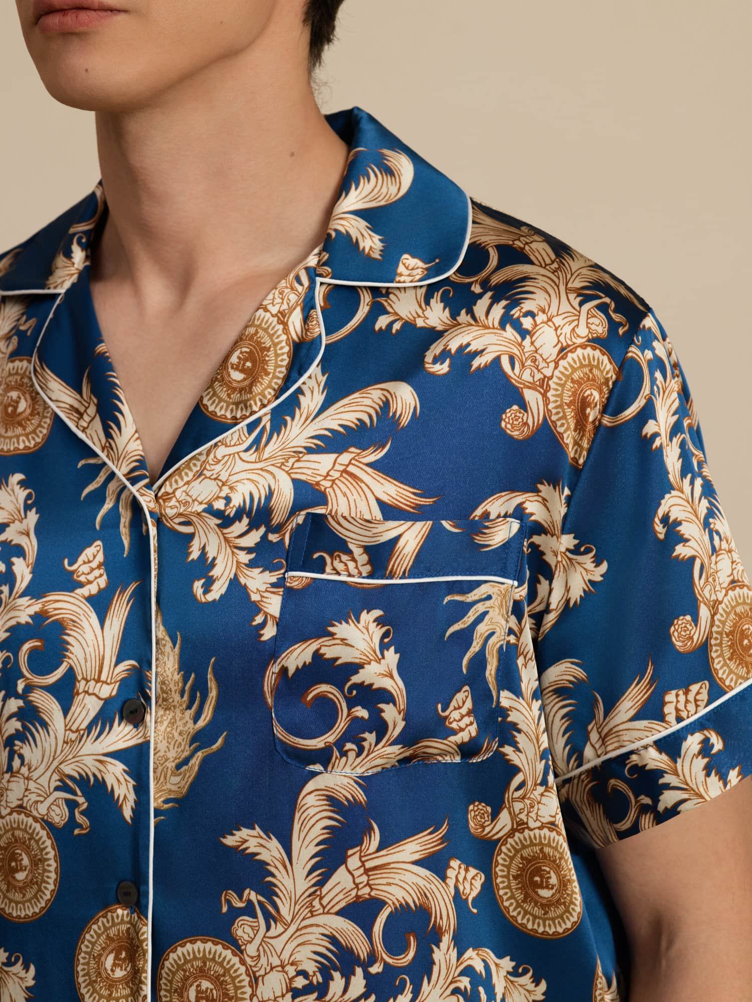 Pure Silk Men's Dragon Print Short Sleeve Notch Collar Pajamas Set - Image 16
