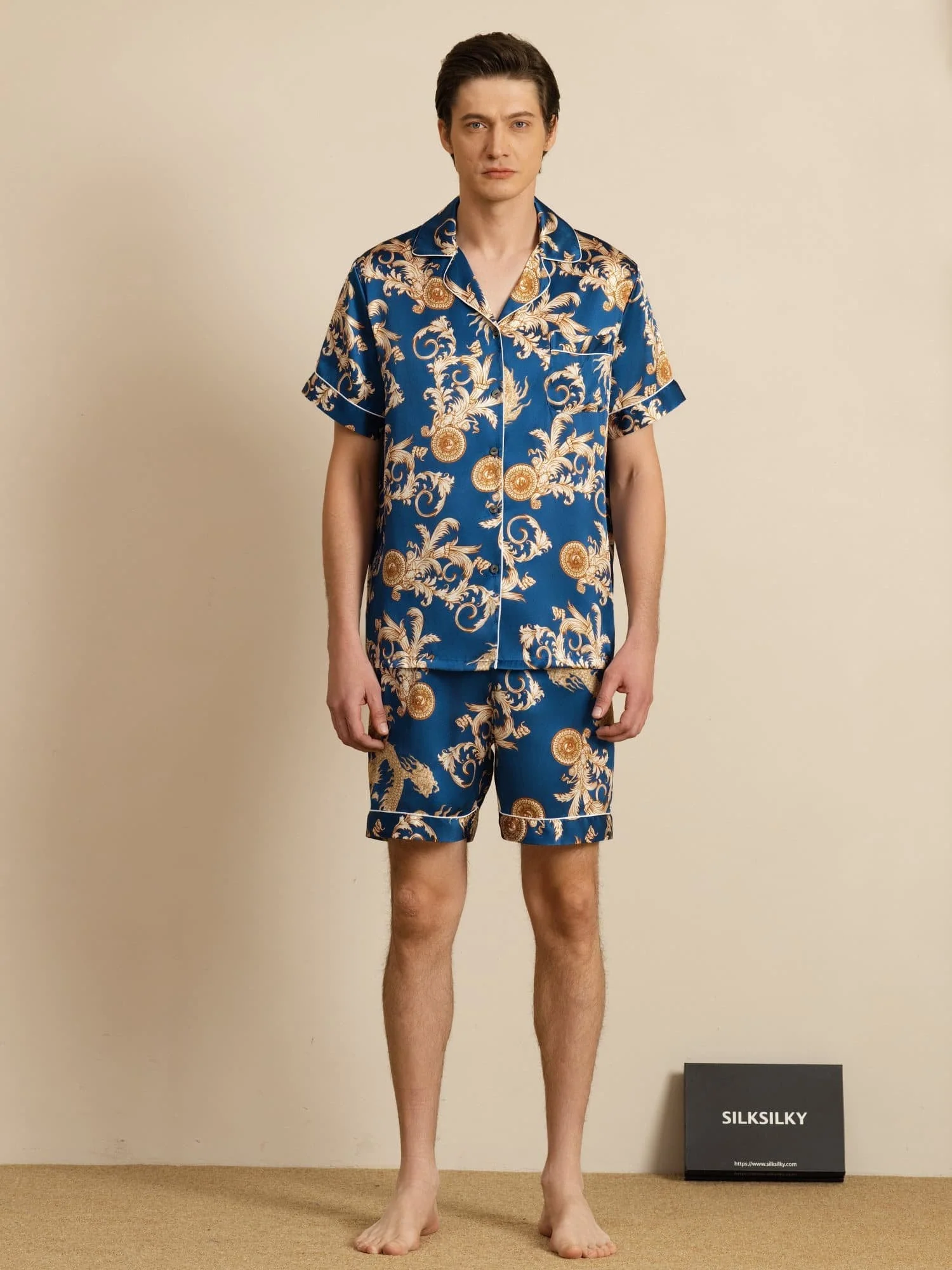 Pure Silk Men's Dragon Print Short Sleeve Notch Collar Pajamas Set - Image 17