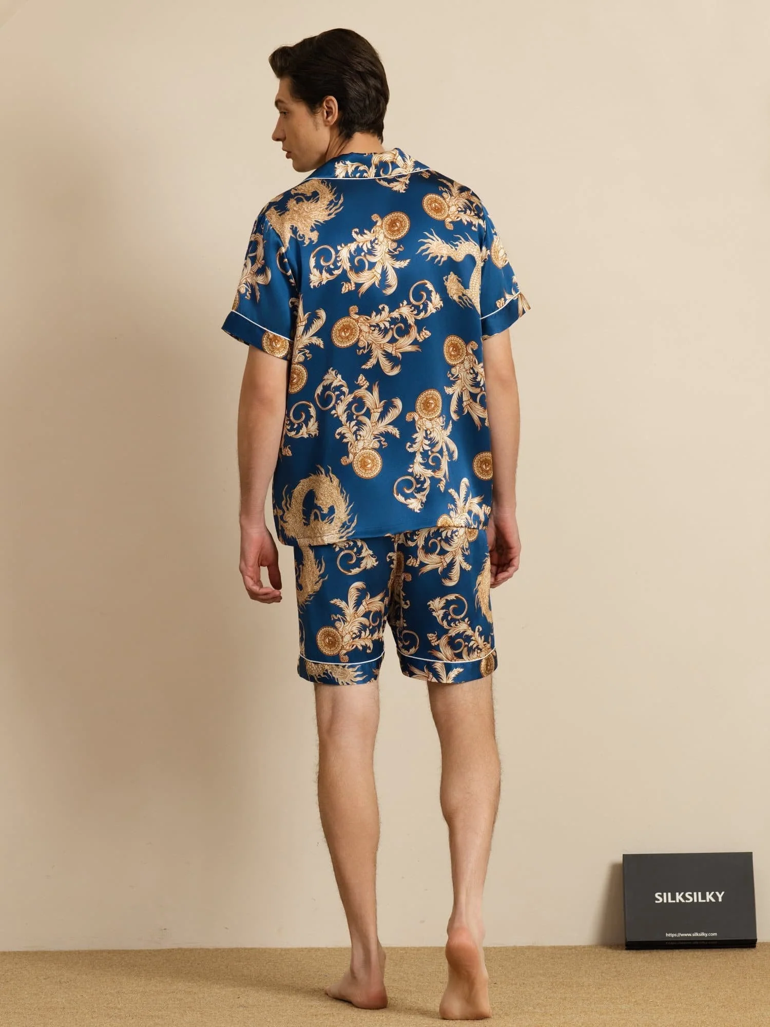Pure Silk Men's Dragon Print Short Sleeve Notch Collar Pajamas Set - Image 18