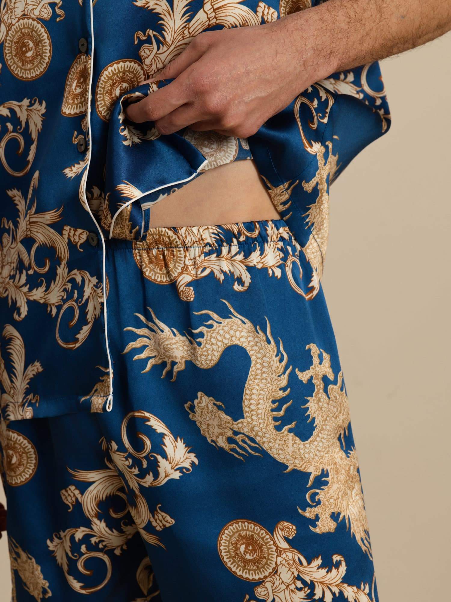 Pure Silk Men's Dragon Print Short Sleeve Notch Collar Pajamas Set - Image 19