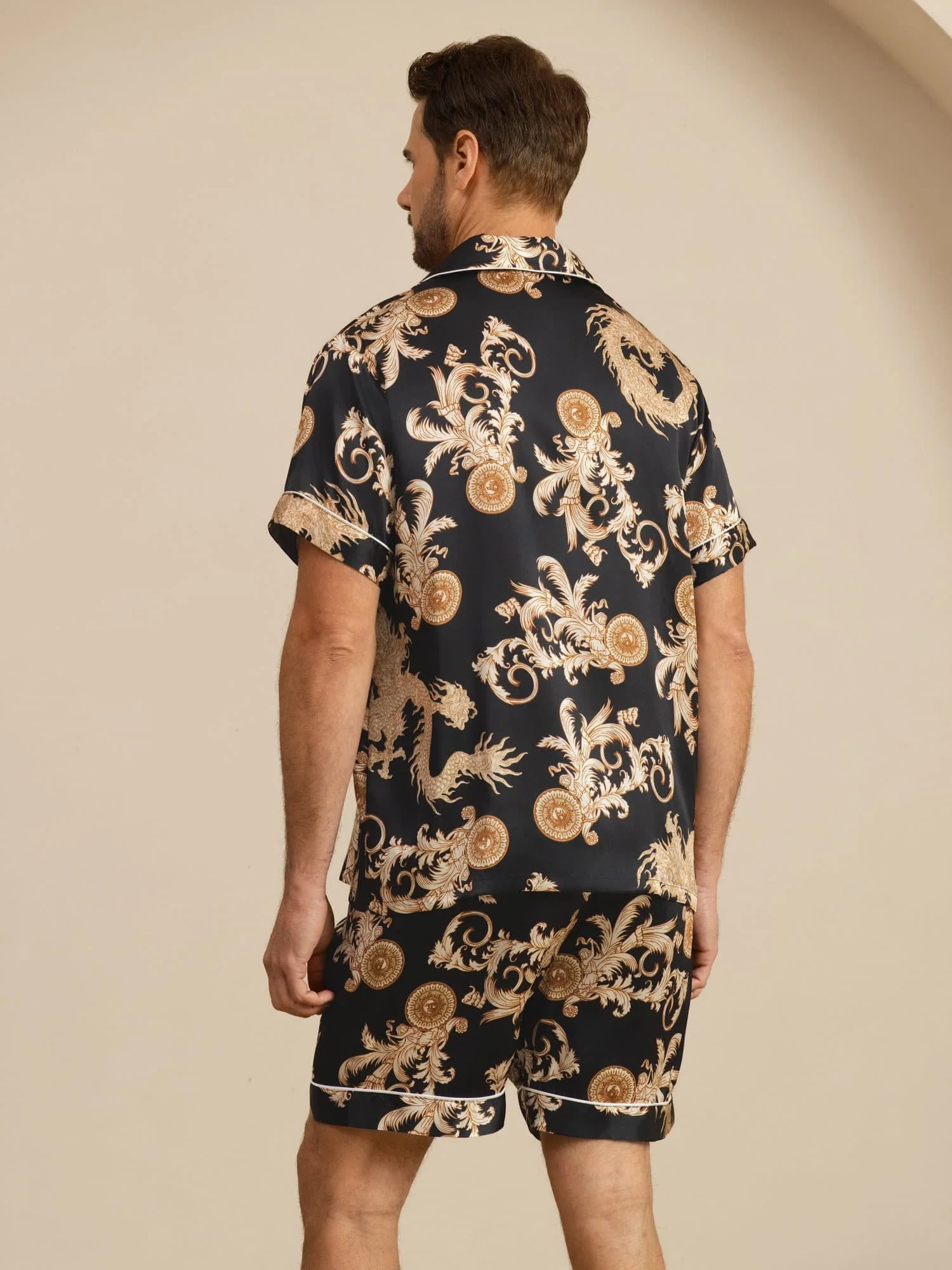 Pure Silk Men's Dragon Print Short Sleeve Notch Collar Pajamas Set - Image 2