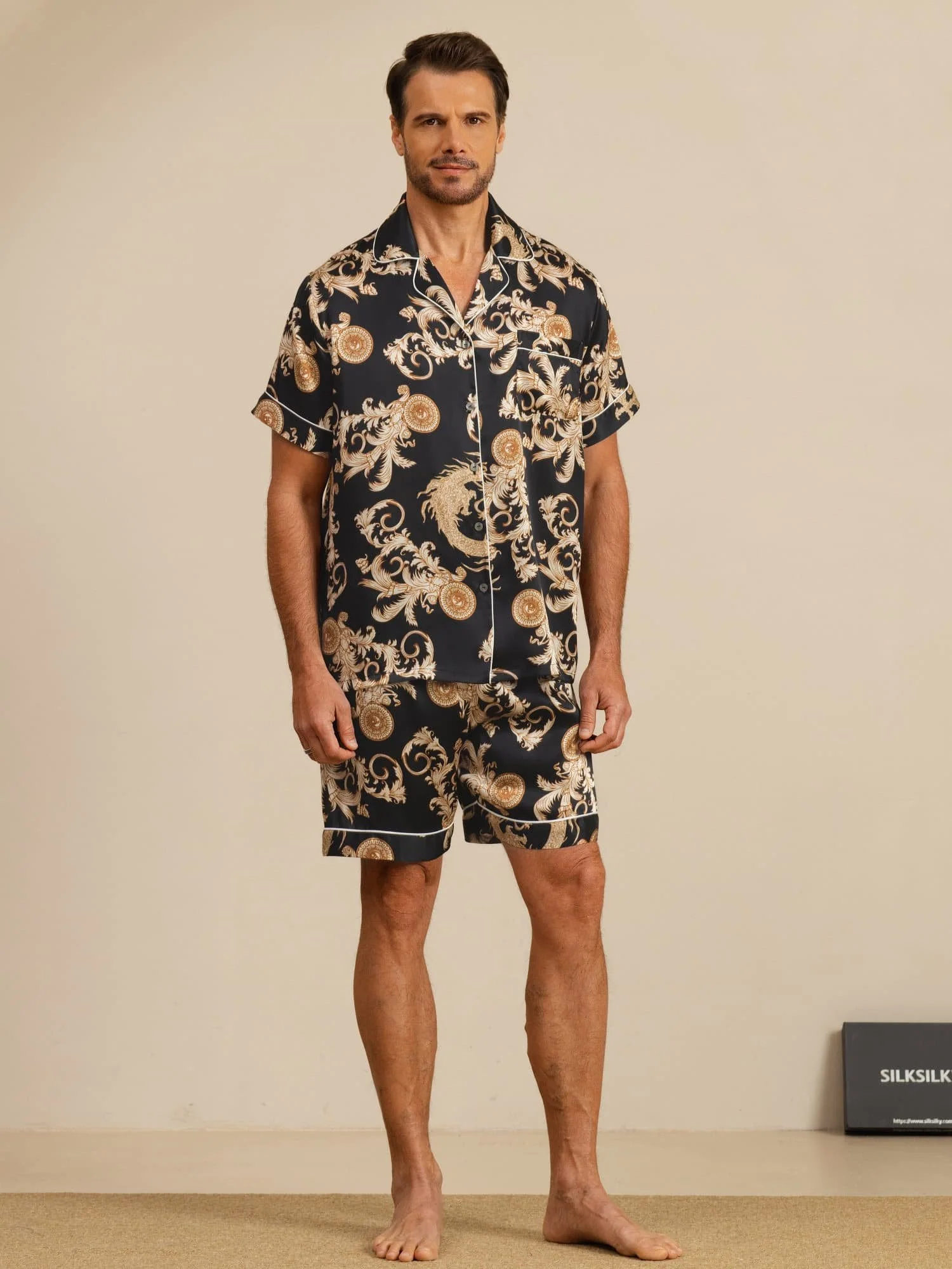 Pure Silk Men's Dragon Print Short Sleeve Notch Collar Pajamas Set - Image 3
