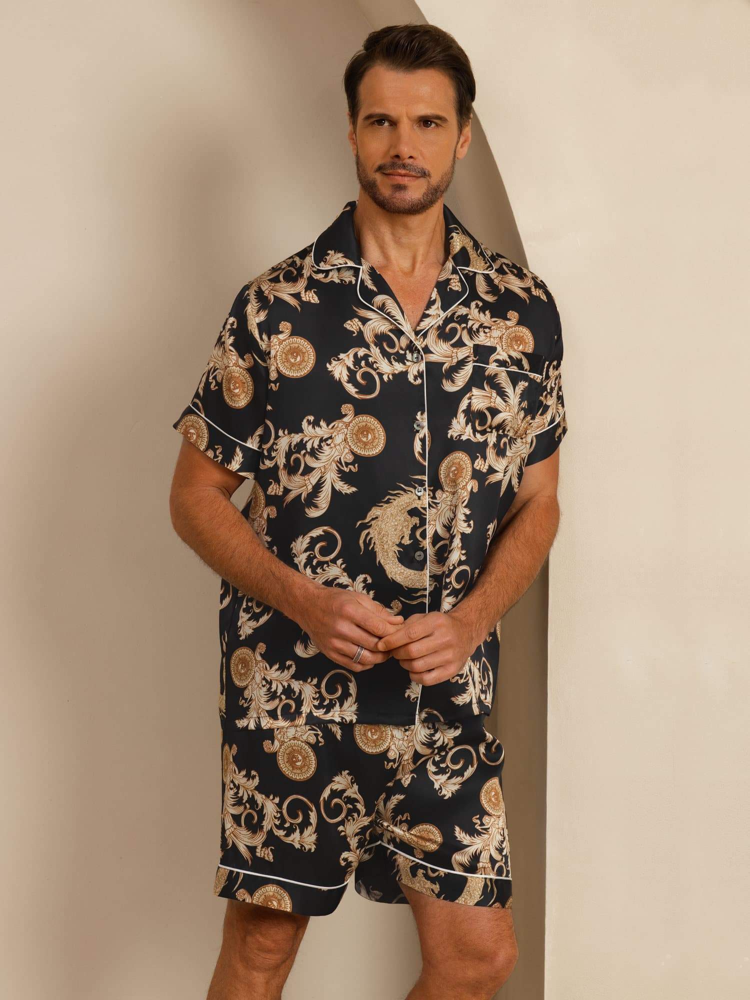 Pure Silk Men's Dragon Print Short Sleeve Notch Collar Pajamas Set - Image 4