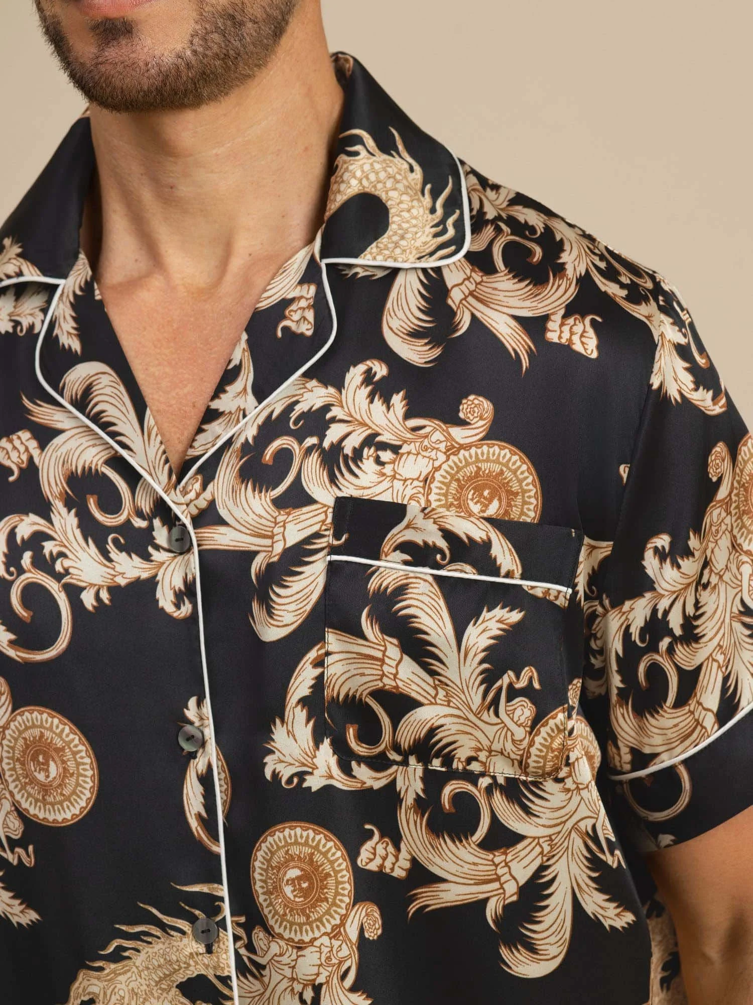 Pure Silk Men's Dragon Print Short Sleeve Notch Collar Pajamas Set - Image 5