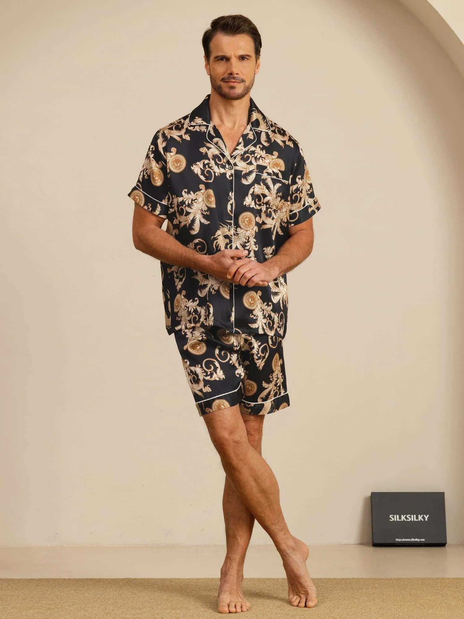 Pure Silk Men's Dragon Print Short Sleeve Notch Collar Pajamas Set - Image 7