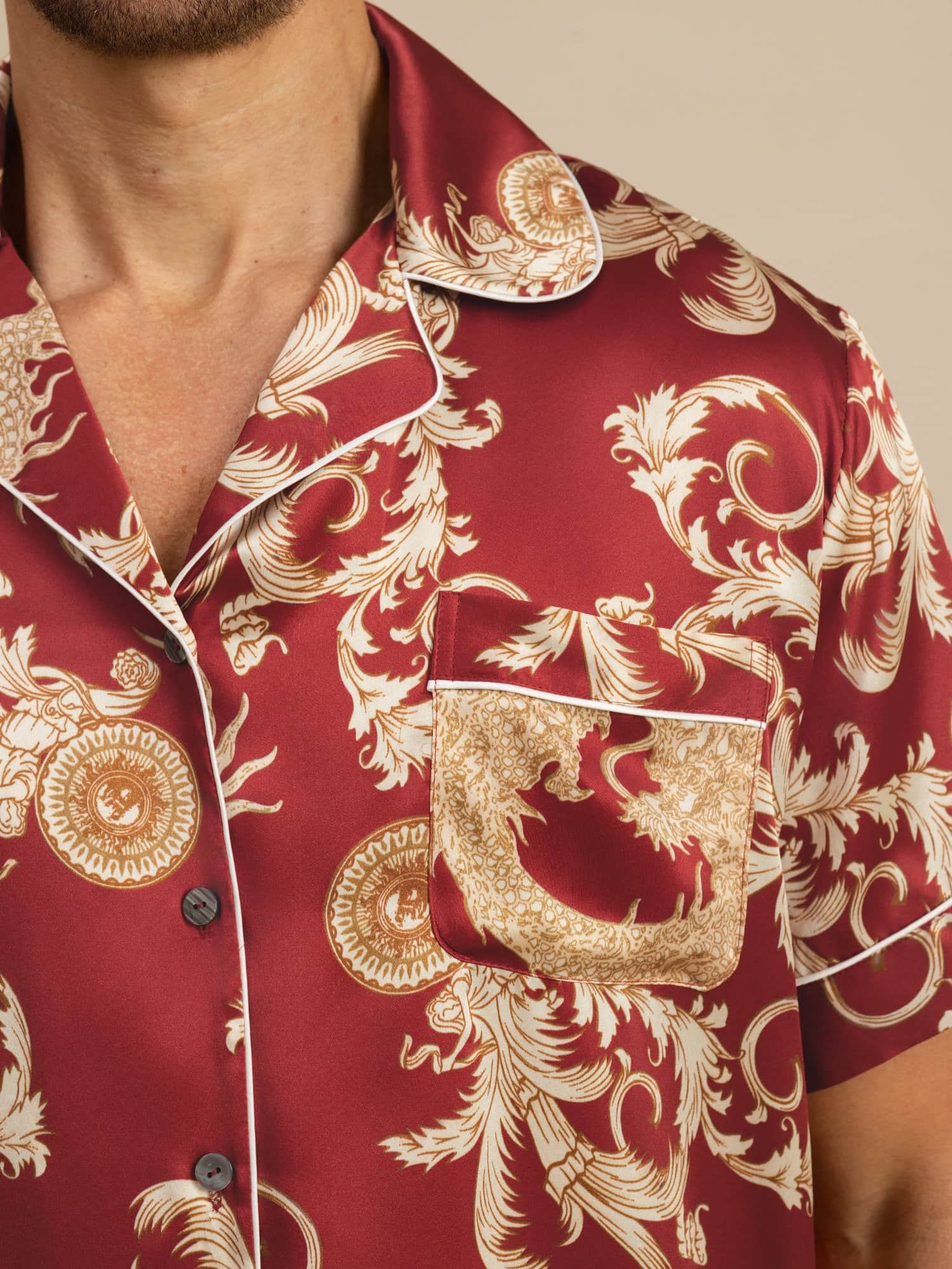 Pure Silk Men's Dragon Print Short Sleeve Notch Collar Pajamas Set - Image 9