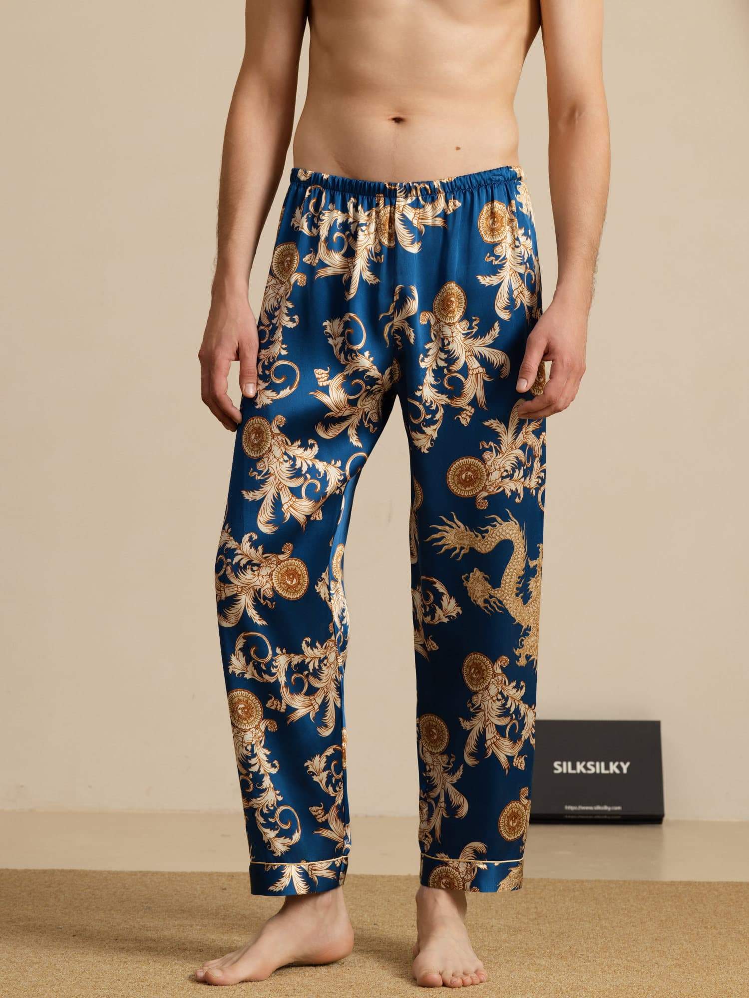 Clearance - Pure Silk Men's Dragon Print Sleep Pants with Elastic Waist