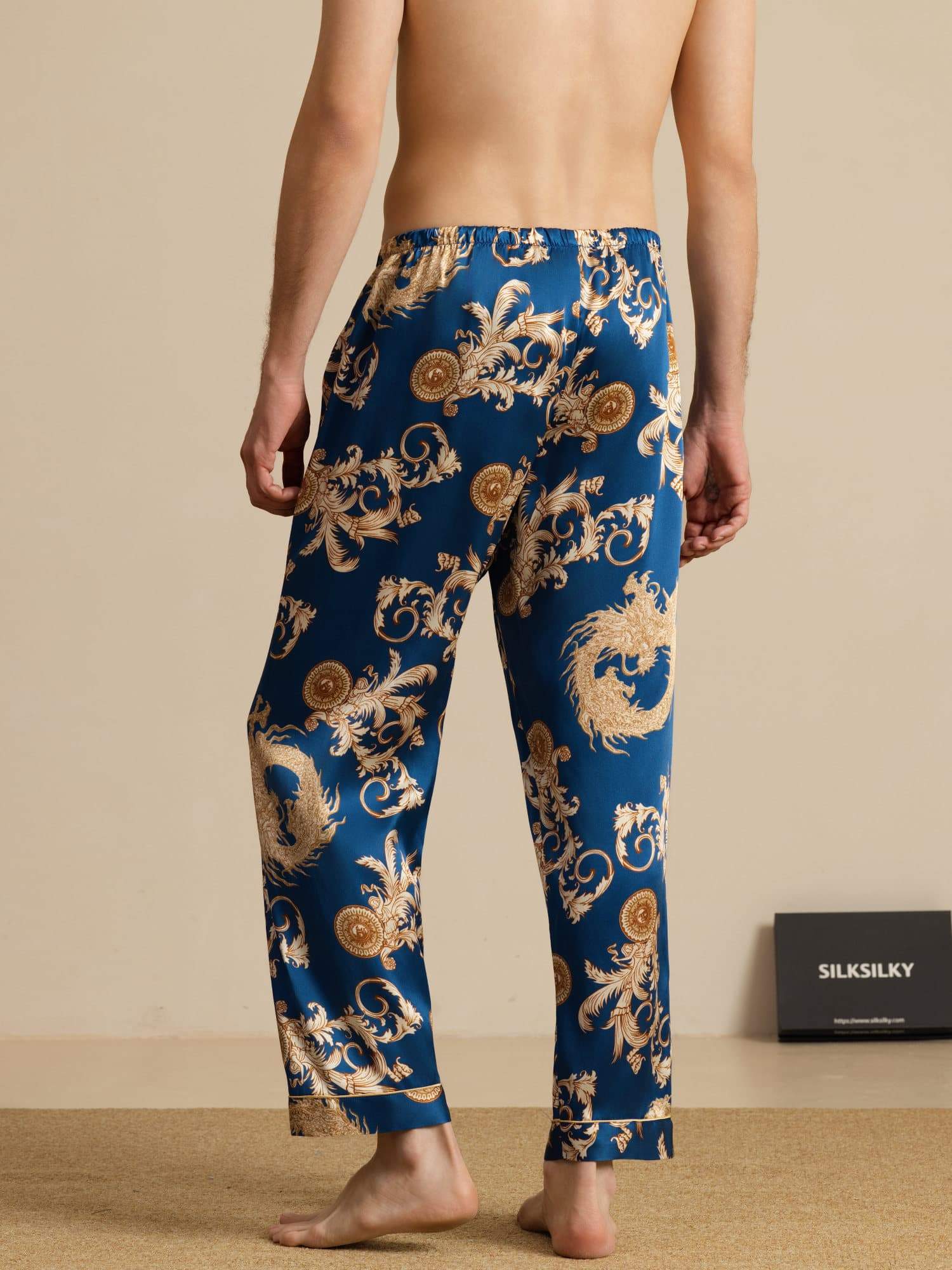 Clearance - Pure Silk Men's Dragon Print Sleep Pants with Elastic Waist - Image 2