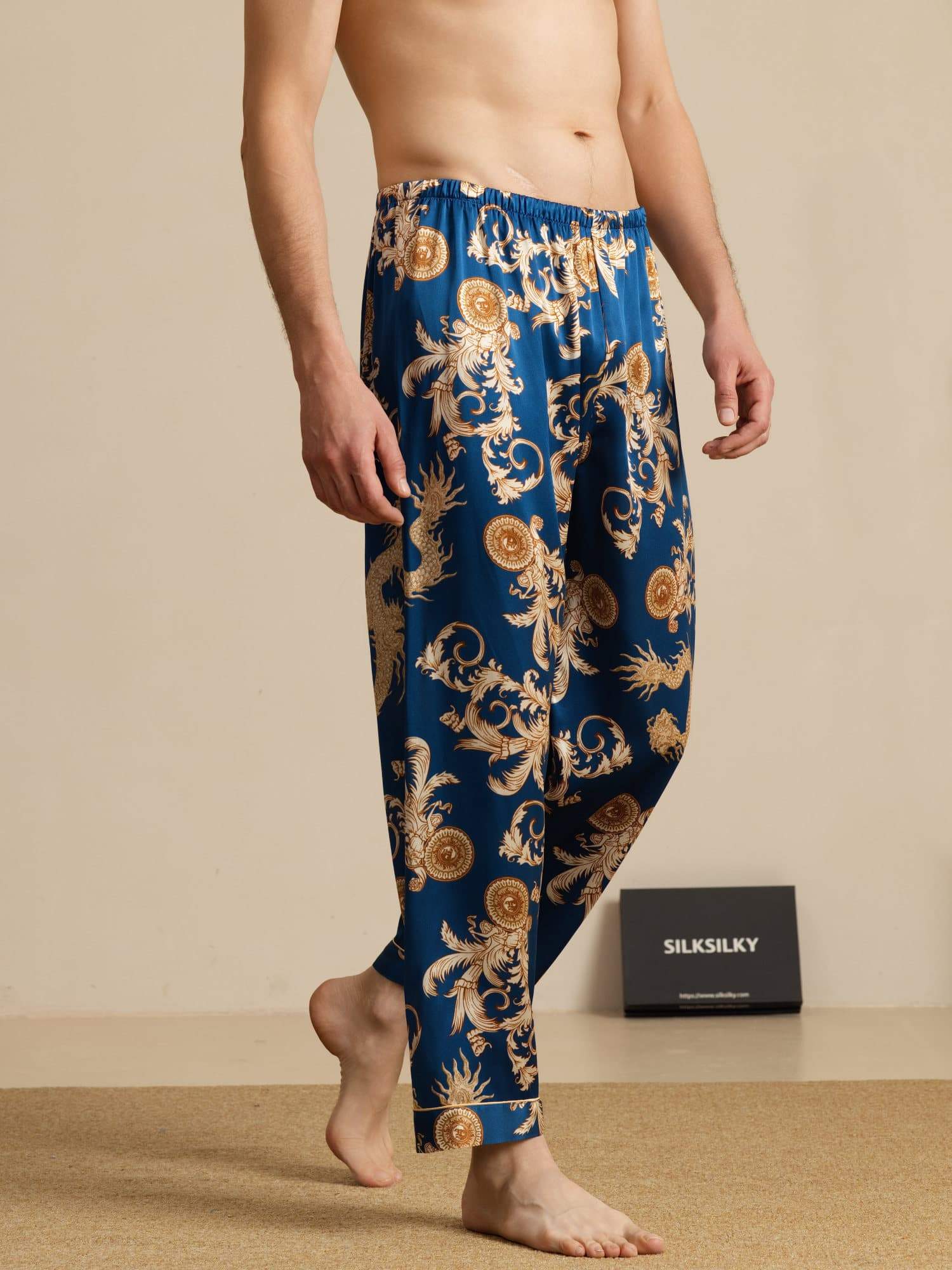 Clearance - Pure Silk Men's Dragon Print Sleep Pants with Elastic Waist - Image 3