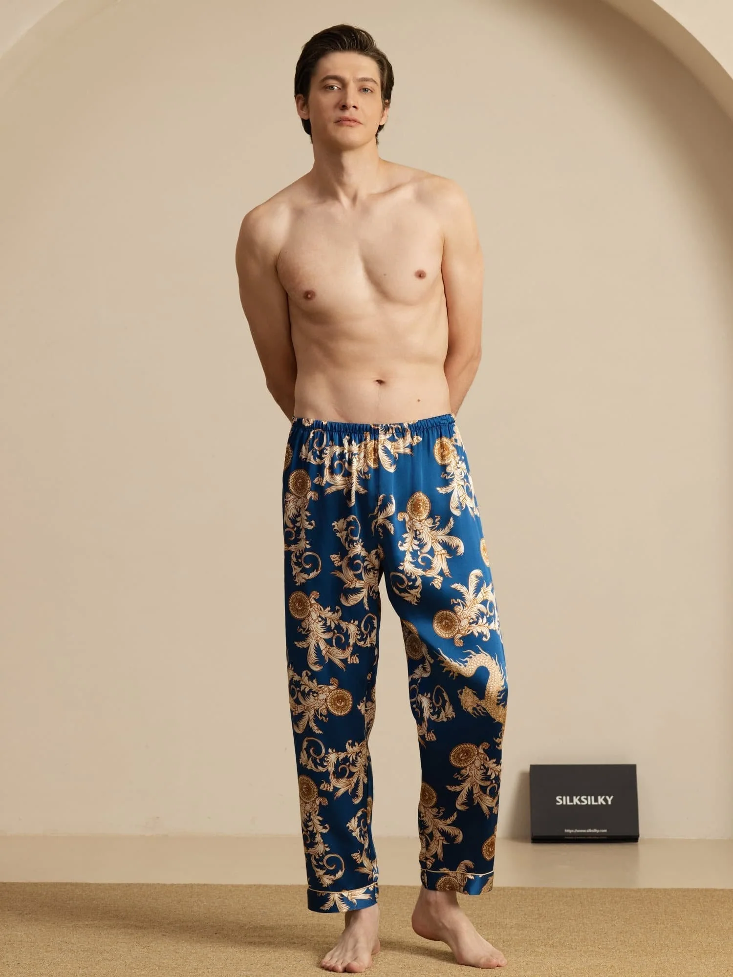 Clearance - Pure Silk Men's Dragon Print Sleep Pants with Elastic Waist - Image 5