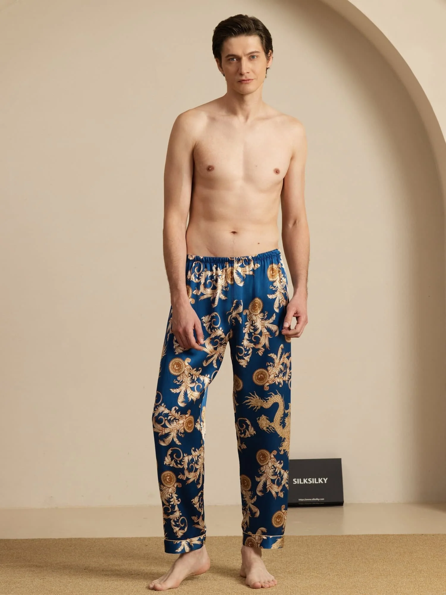 Clearance - Pure Silk Men's Dragon Print Sleep Pants with Elastic Waist - Image 6