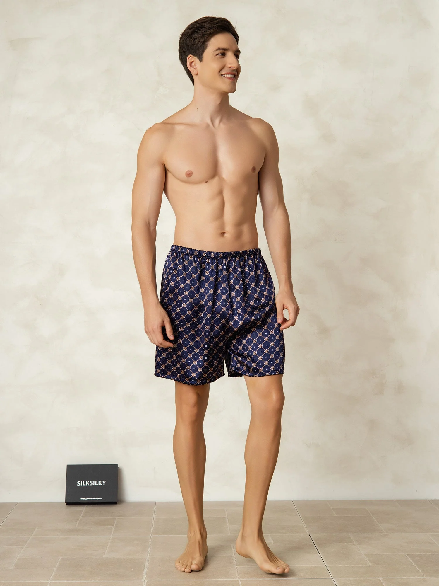 Pure Silk Navy Chain Print Elastic Waist Men's Sleep Shorts - Image 2