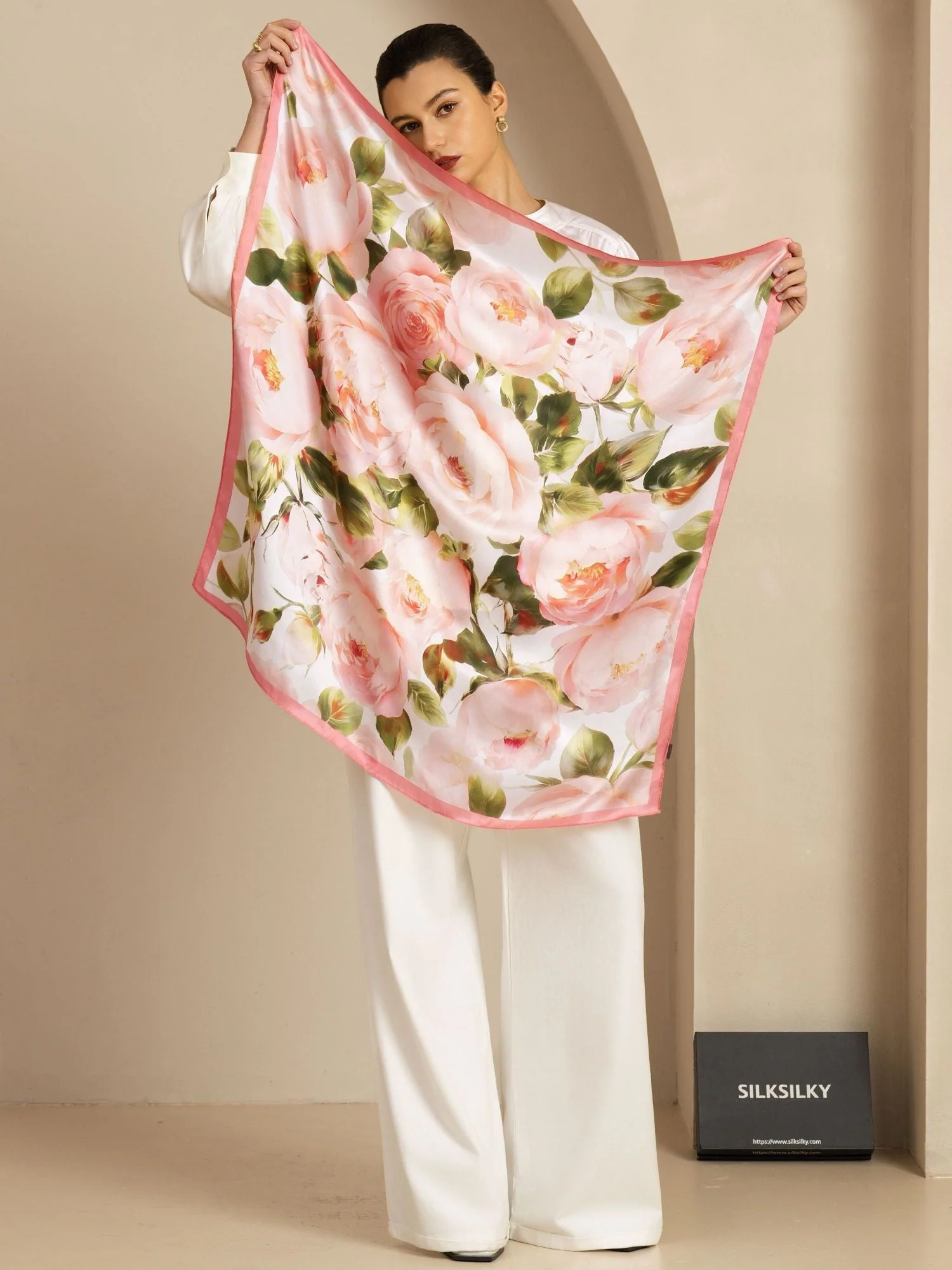 Pure Silk Pink Floral Print Square Scarf - Size 90x90cm - Image 2