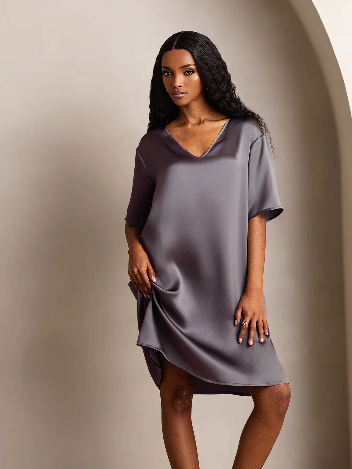 Pure Silk Half Sleeve V-neck Short Nightdress with Split Design - Image 10