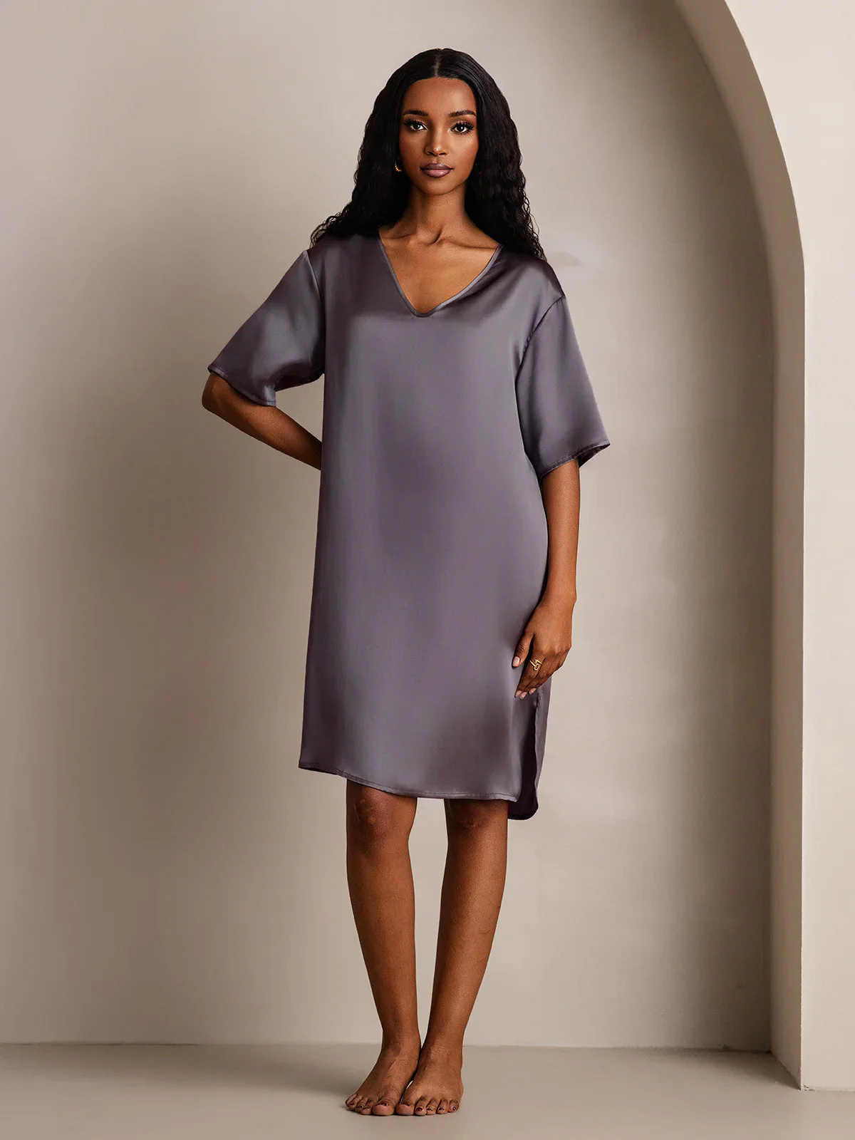 Pure Silk Half Sleeve V-neck Short Nightdress with Split Design - Image 14