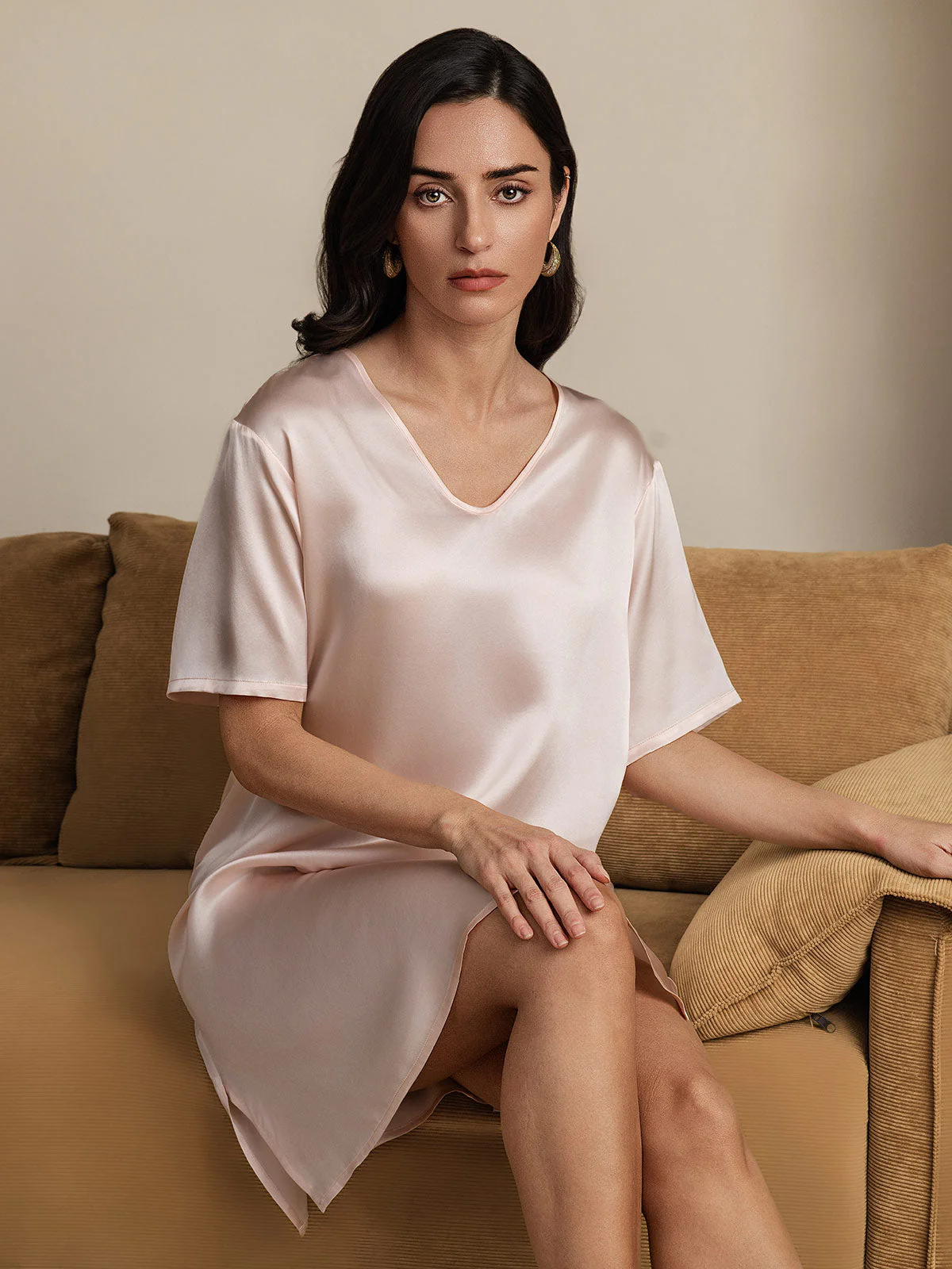 Pure Silk Half Sleeve V-neck Short Nightdress with Split Design - Image 25