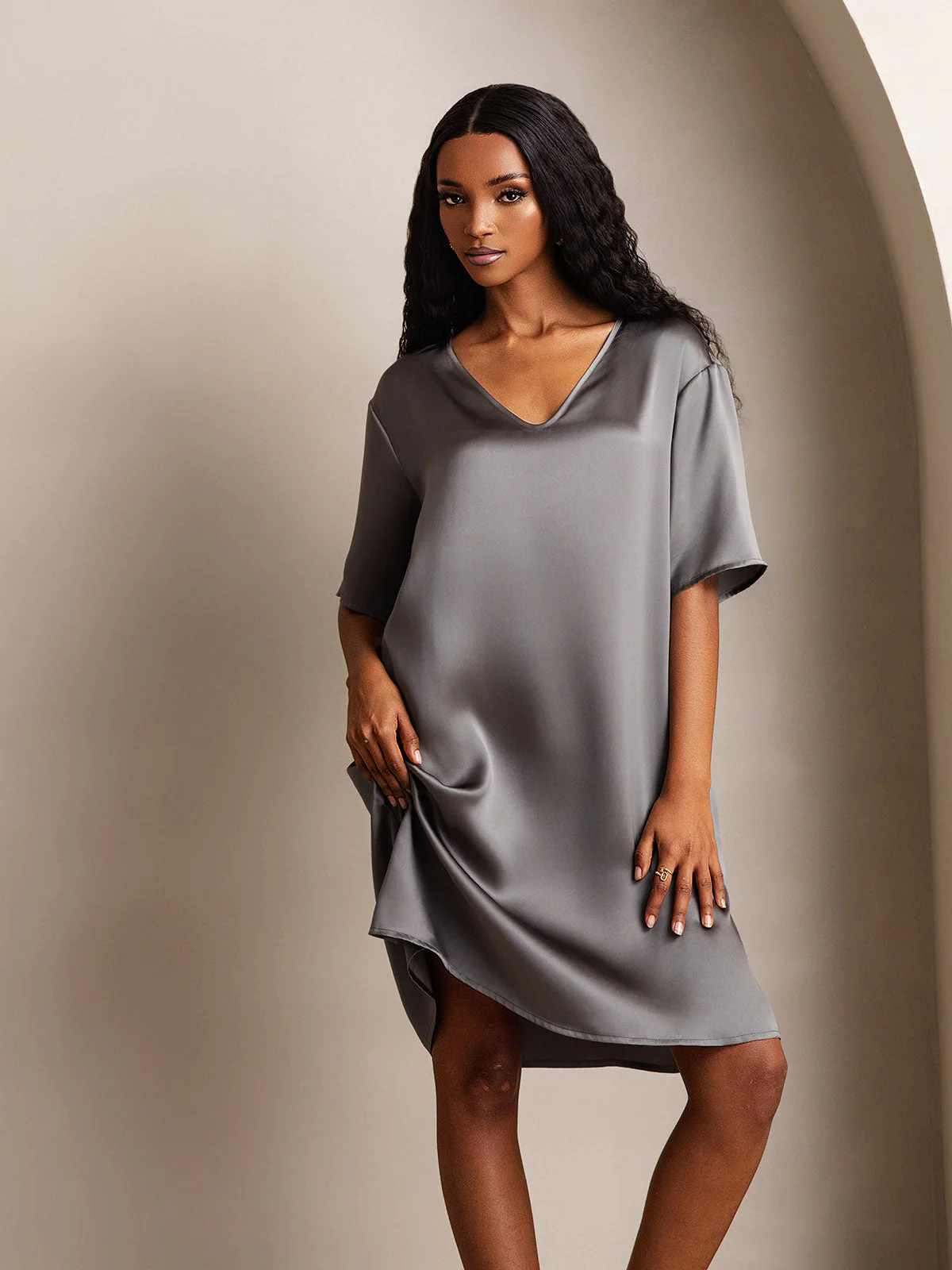 Pure Silk Half Sleeve V-neck Short Nightdress with Split Design - Image 35