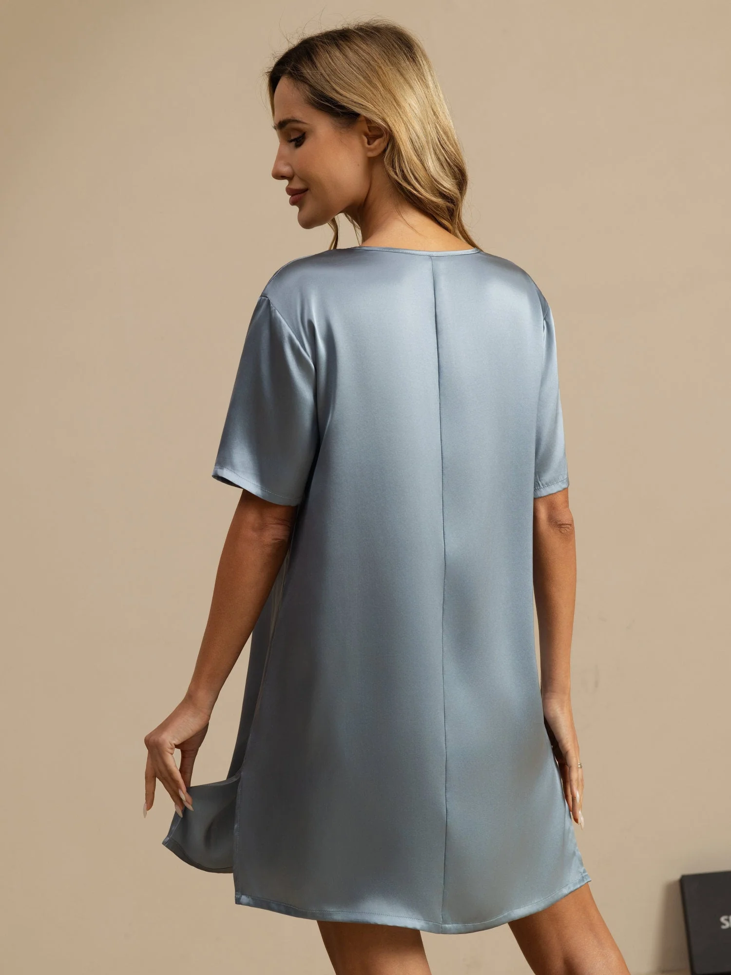 Pure Silk Half Sleeve V-neck Short Nightdress with Split Design - Image 46