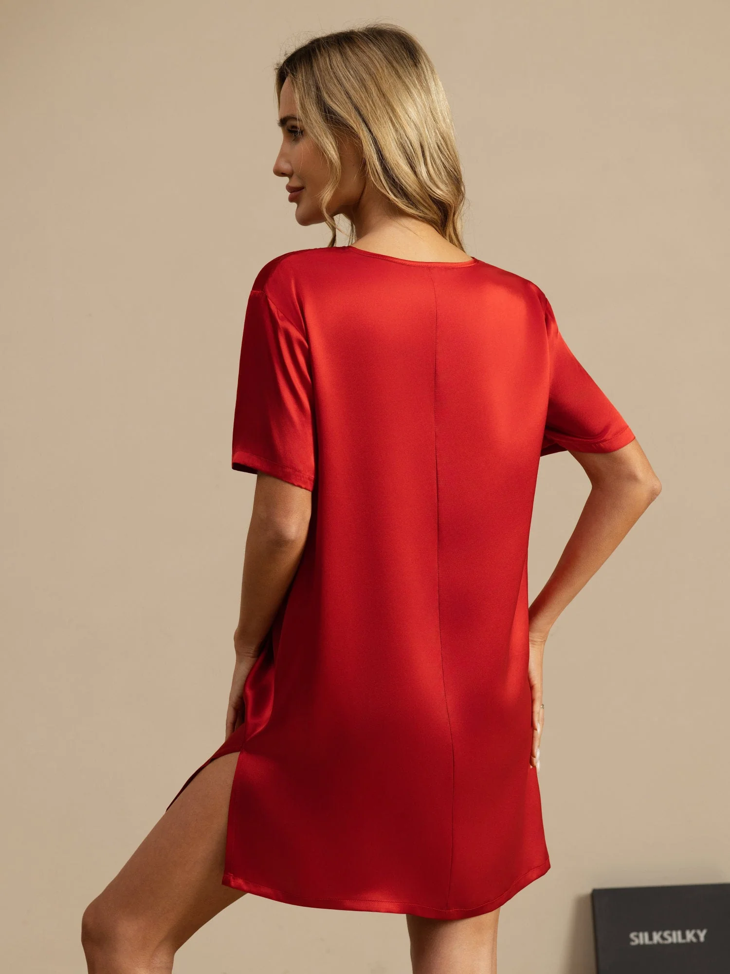 Pure Silk Half Sleeve V-neck Short Nightdress with Split Design - Image 53
